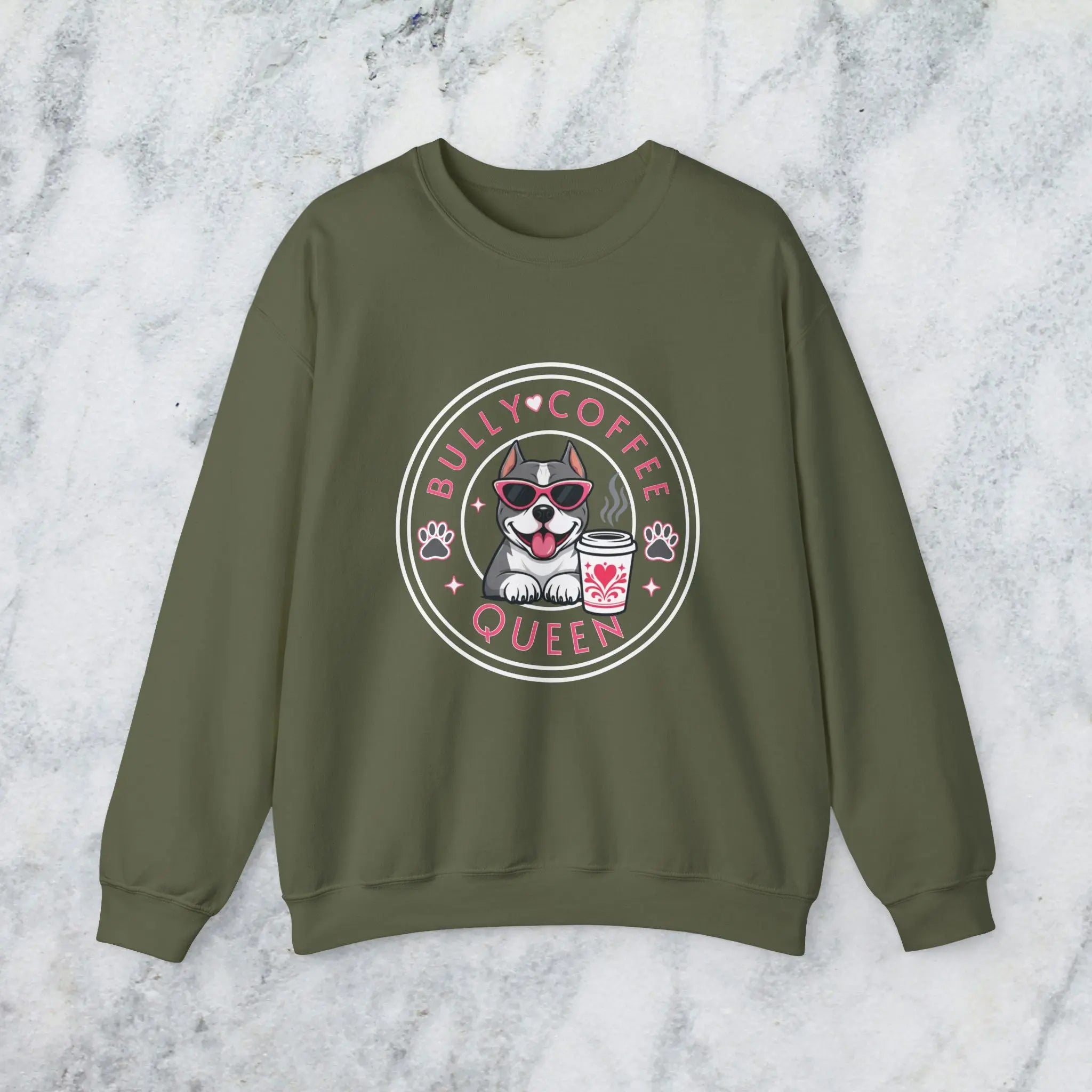 Bully Coffee Queen Sweatshirt — Pitbull with Pink Sunglasses & Coffee Graphic Printify