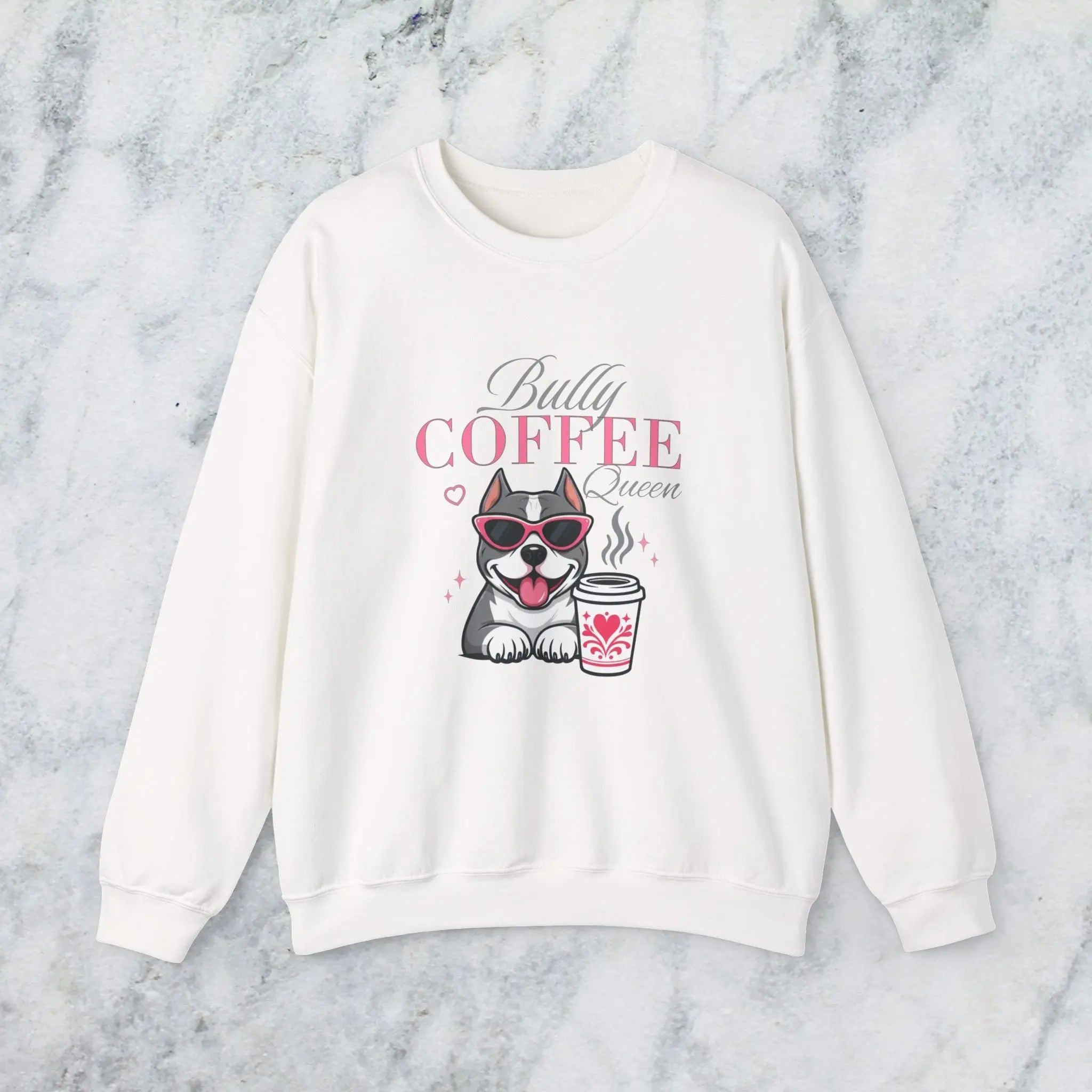 Bully Coffee Queen Sweatshirt — Pitbull with Coffee & Pink Shades Printify