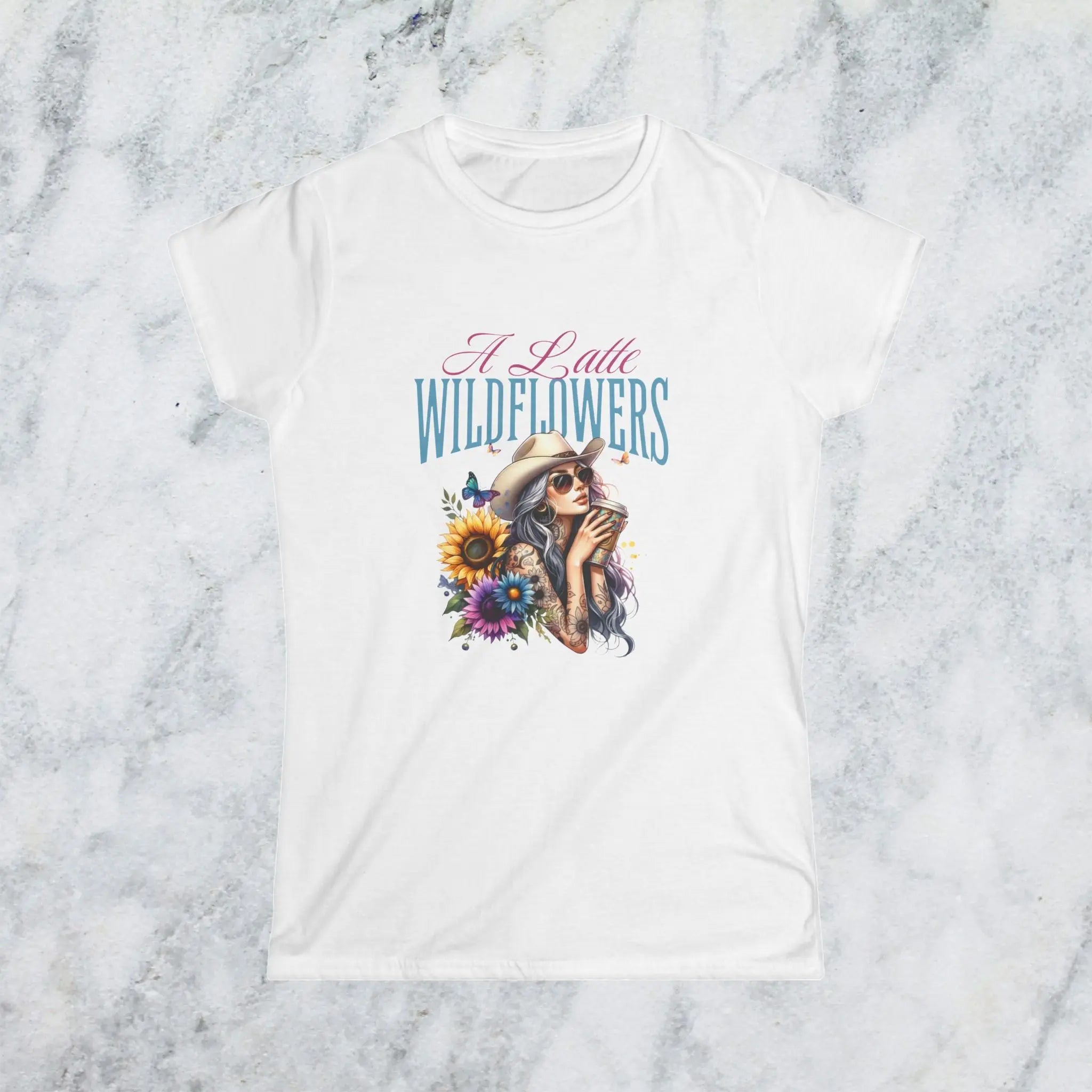 Women's Cowgirl Tee — 'A Latte Wildflowers' Cowboy Hat Coffee Sunflowers Design Printify