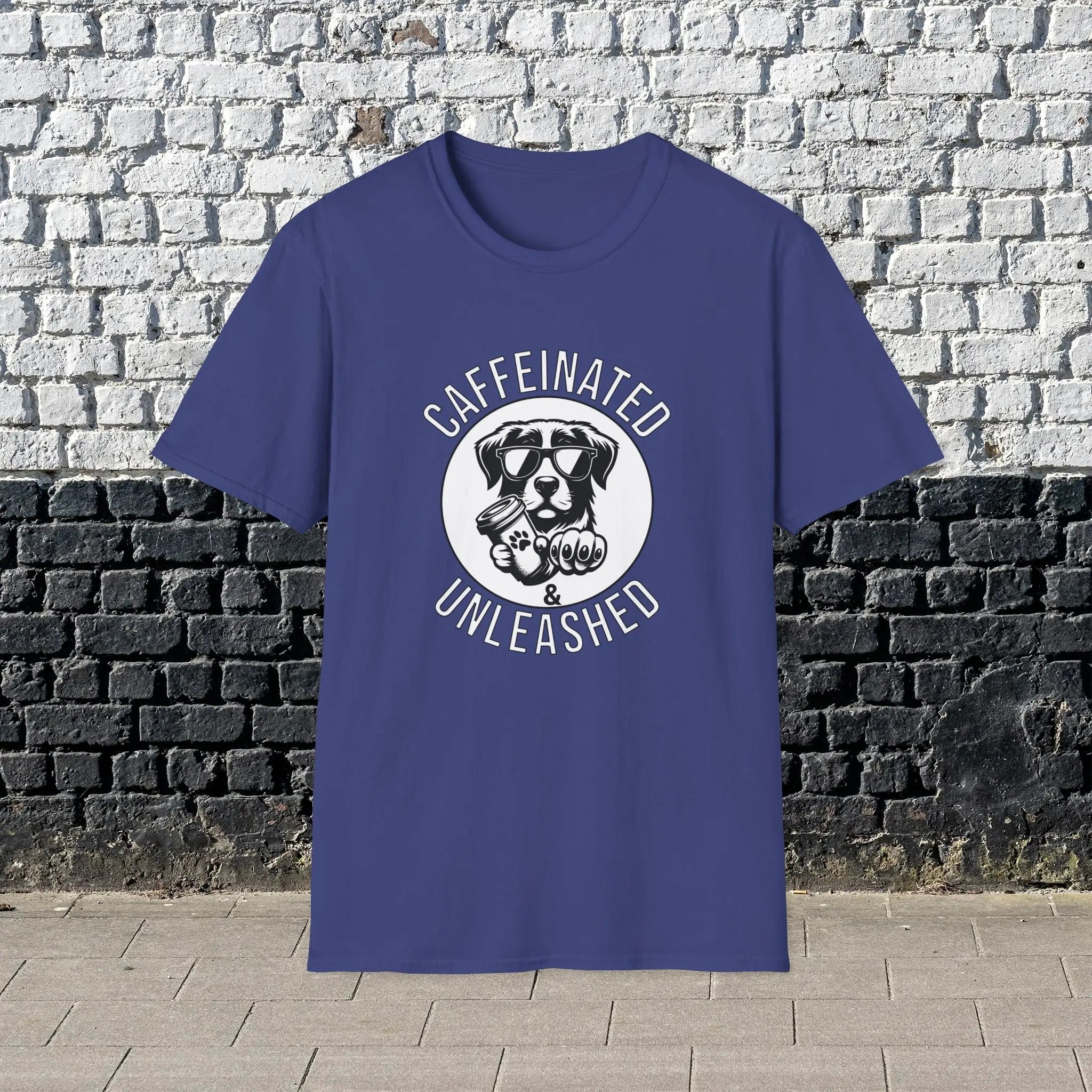 Caffeinated & Unleashed T-Shirt — Funny Coffee Lover Puppy Tee Printify