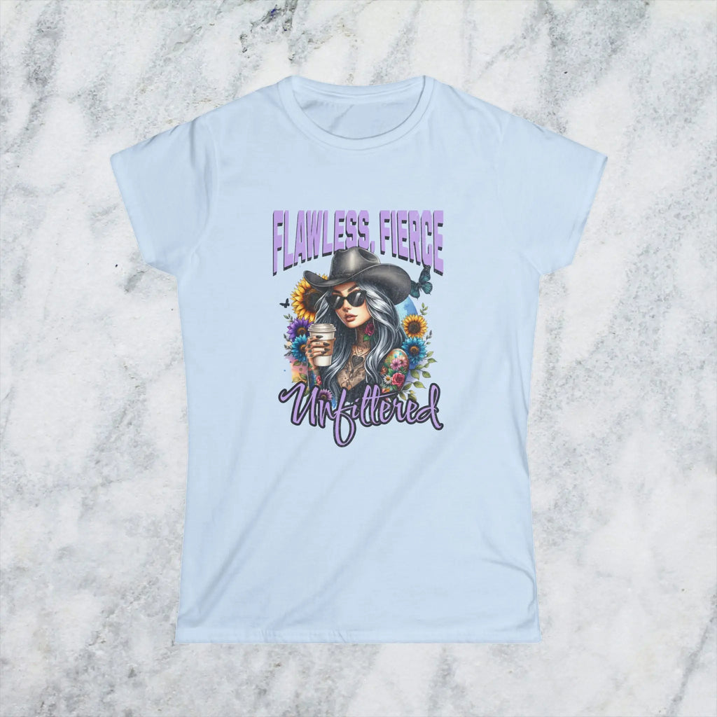 Unfiltered T-shirt - Sassy woman with cowboy hat and coffee surrounded by sunflowers Printify