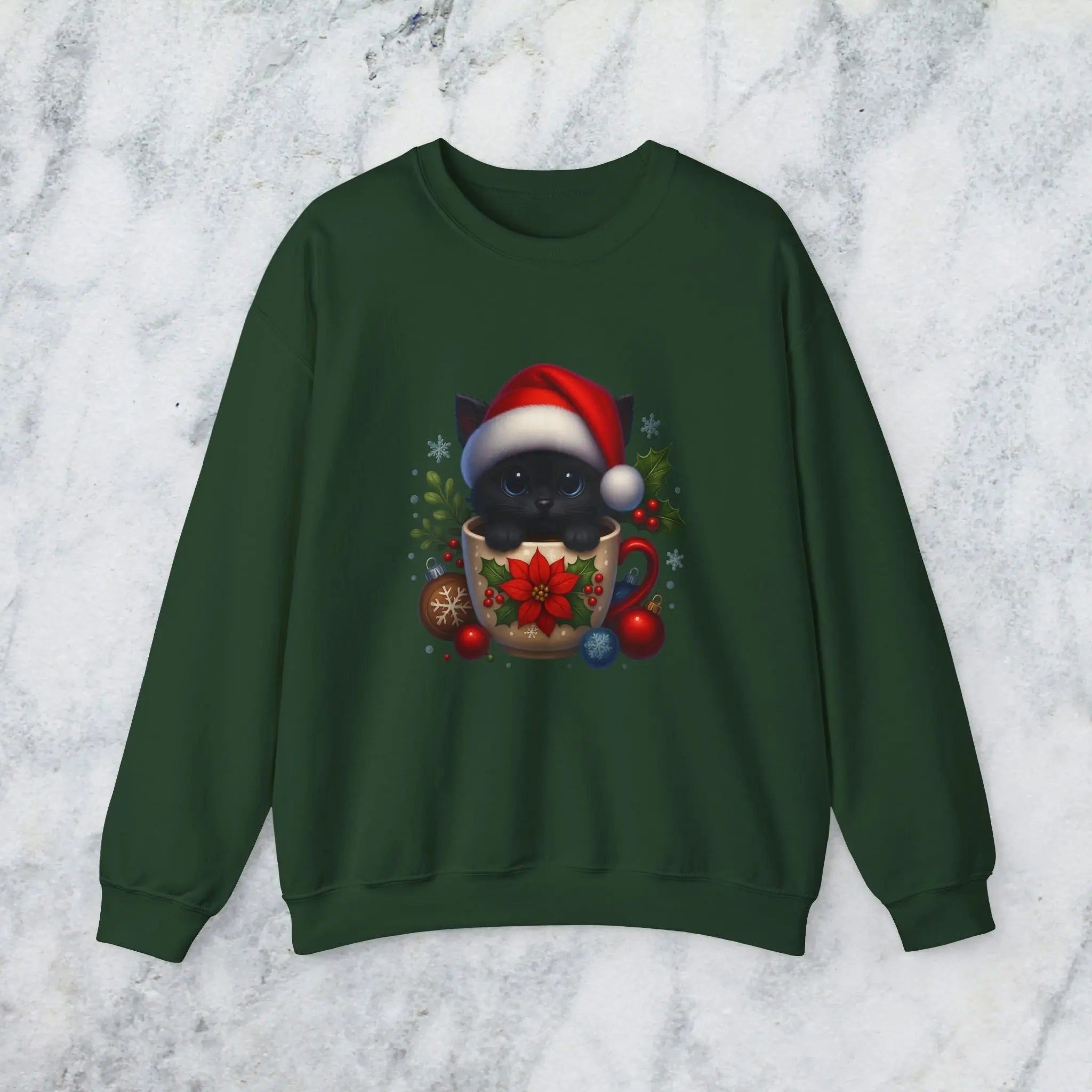 Christmas Kitten Coffee Cup Sweatshirt — Cute Black Cat in Santa Hat Holiday Crewneck Printify