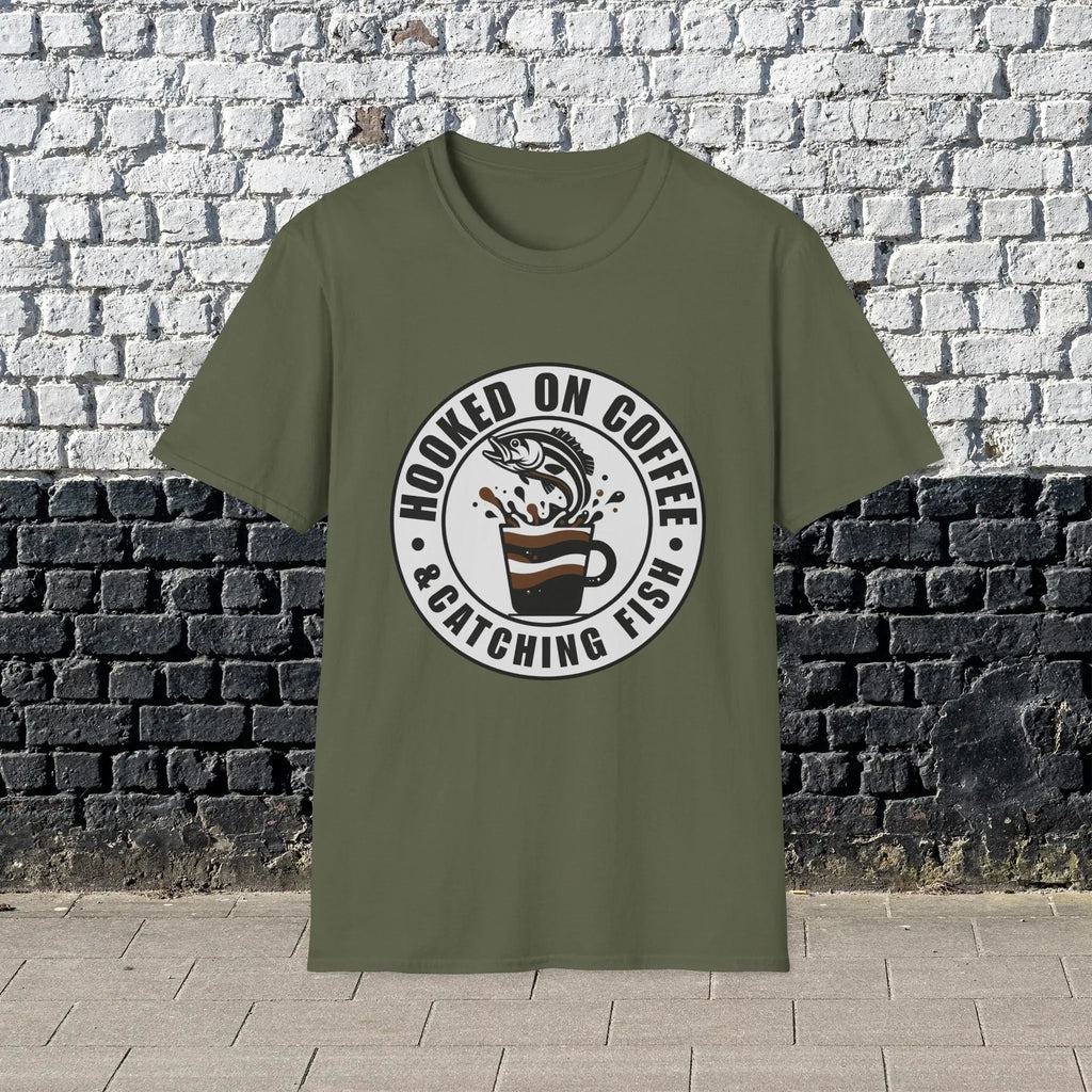 Hooked on Coffee & Catching Fish T‑Shirt – Fishing & Coffee Lover Tee Printify