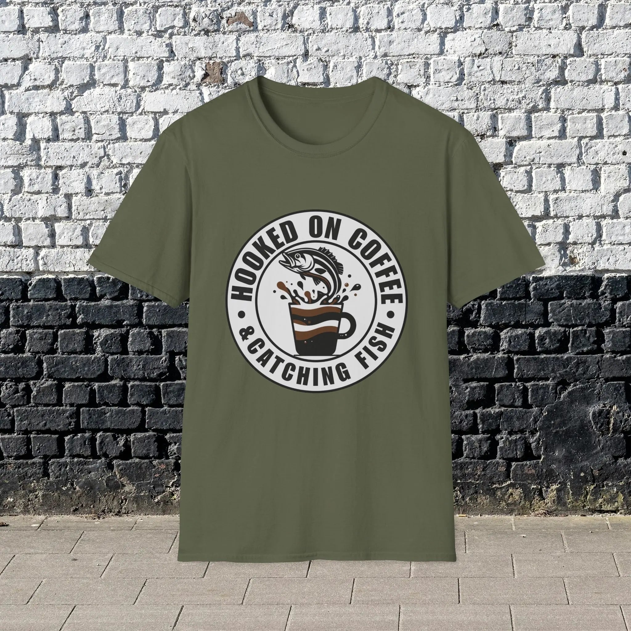 Hooked on Coffee & Catching Fish T‑Shirt – Fishing & Coffee Lover Tee Printify