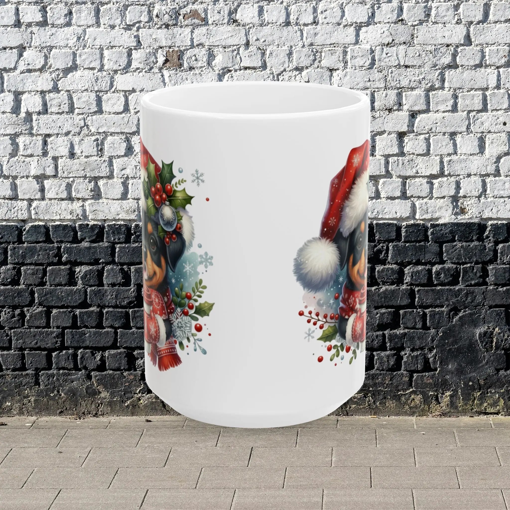 Christmas Rottweiler Puppy Coffee Mug — Cute Santa Hat Dog Ceramic Mug (15oz) Printify