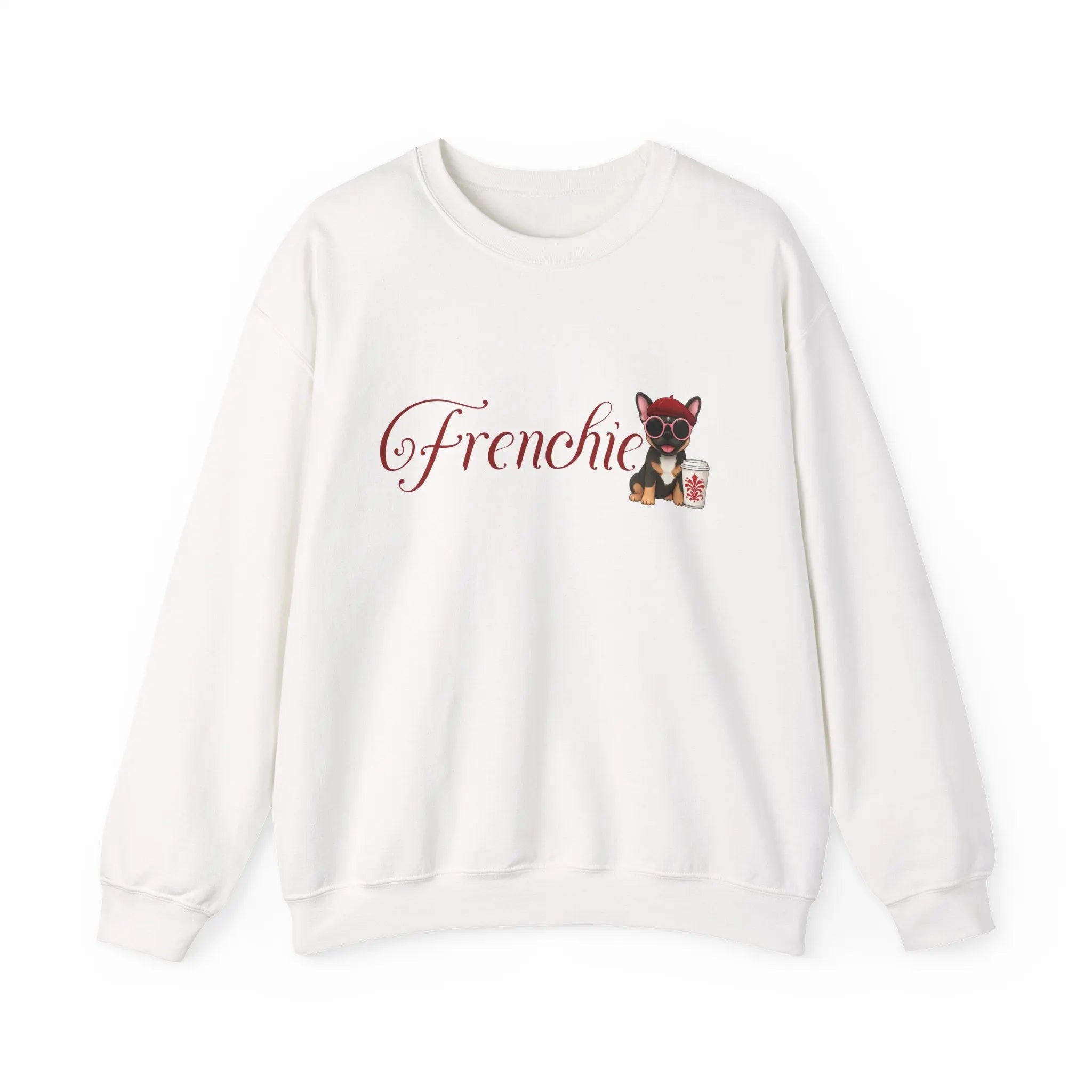 Frenchie Coffee Crewneck — Cute French Bulldog in Beret & Sunglasses Printify