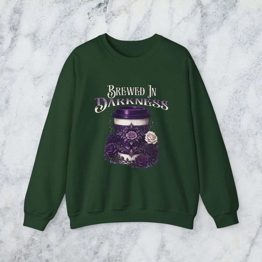 Brewed in Darkness Sweatshirt — Gothic Coffee Cup Graphic Printify