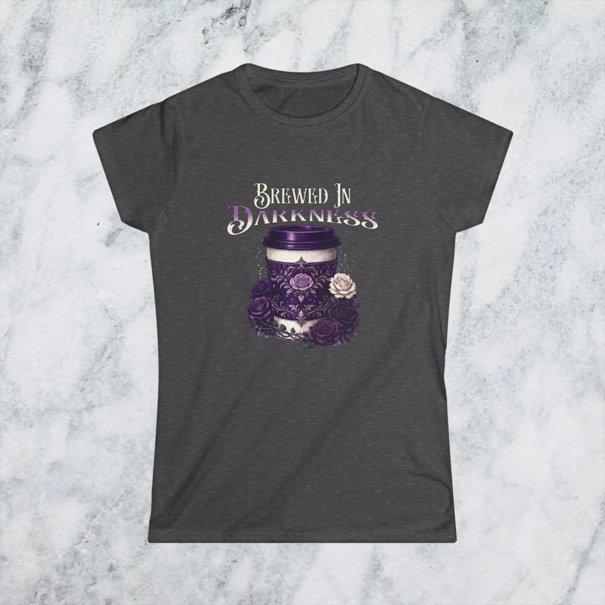 Brewed In Darkness Tee — Gothic Coffee Cup Floral Design Printify