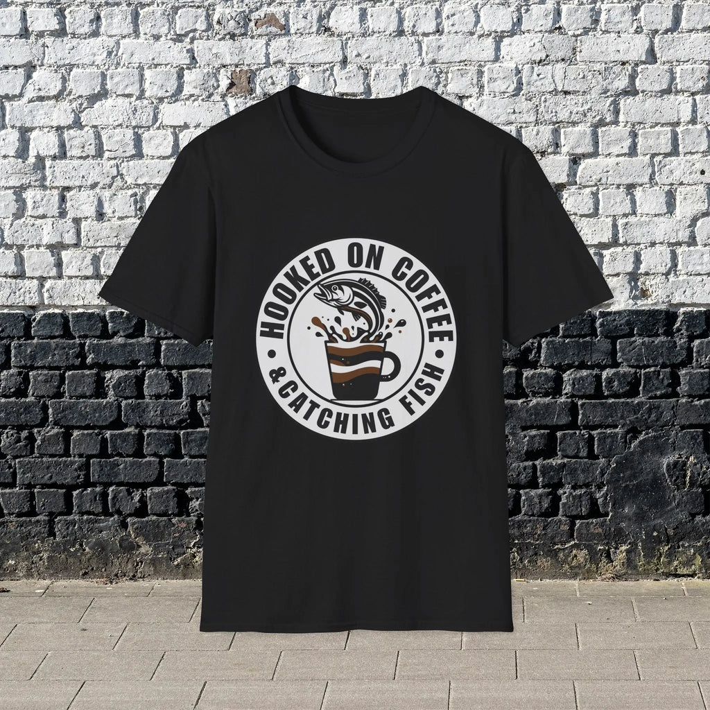 Hooked on Coffee & Catching Fish T‑Shirt – Fishing & Coffee Lover Tee Printify
