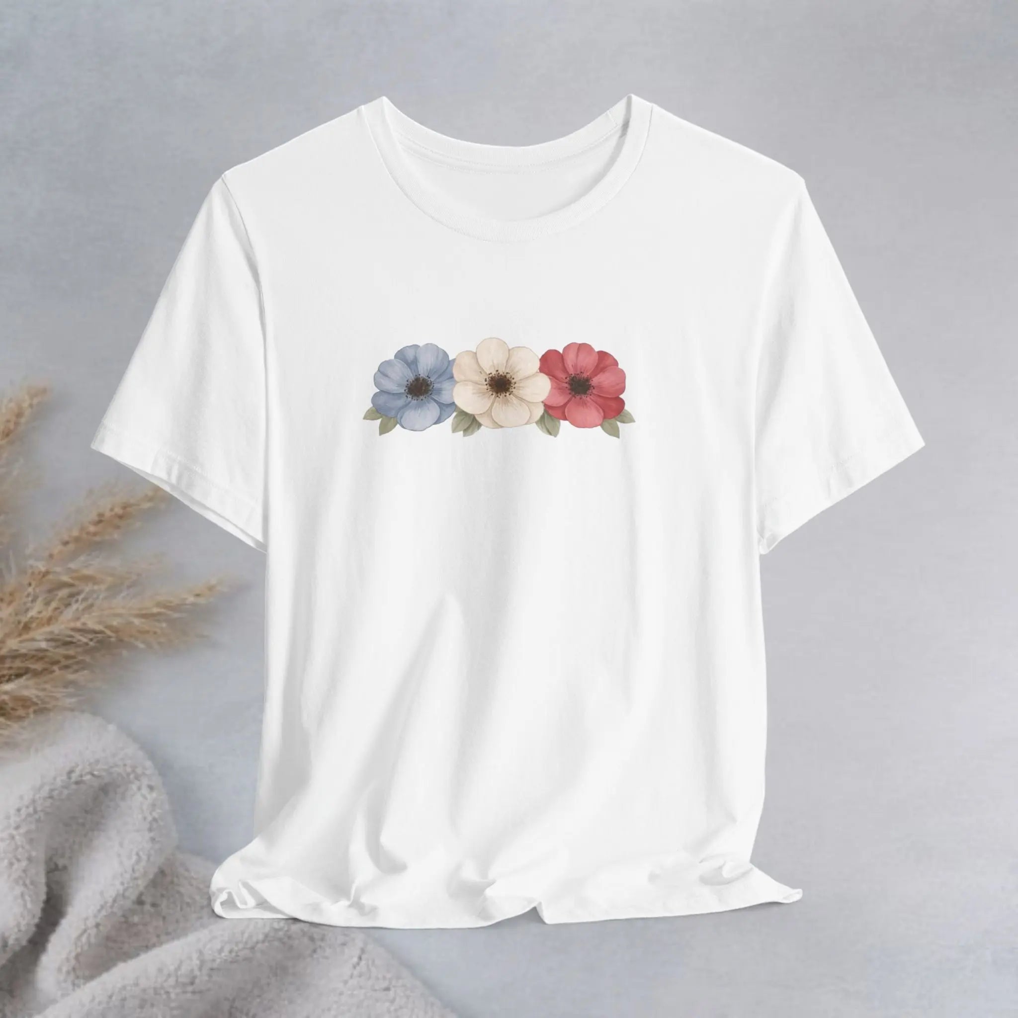 Floral Trio Tee — Vintage Red, Cream & Blue Poppy Graphic T-Shirt Printify