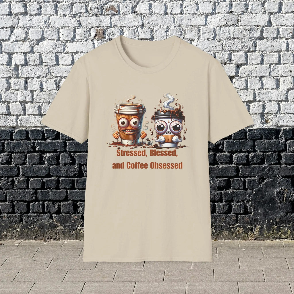 Stressed Blessed and Coffee Obsessed Shirt – Funny Coffee Lover T-Shirt, Caffeine Addict Tee, Cute Coffee Gift for Him Printify