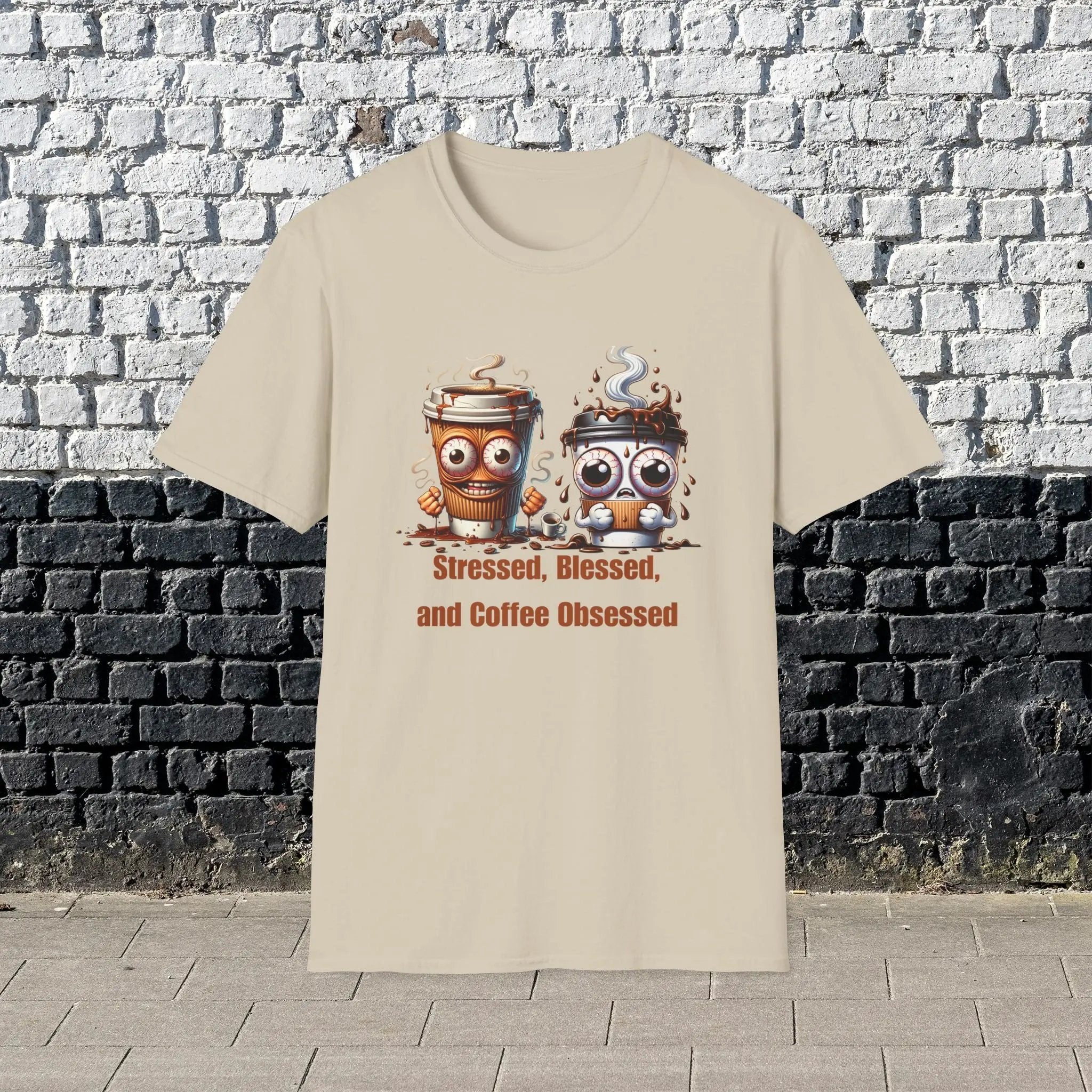 Stressed Blessed and Coffee Obsessed Shirt – Funny Coffee Lover T-Shirt, Caffeine Addict Tee, Cute Coffee Gift for Him Printify