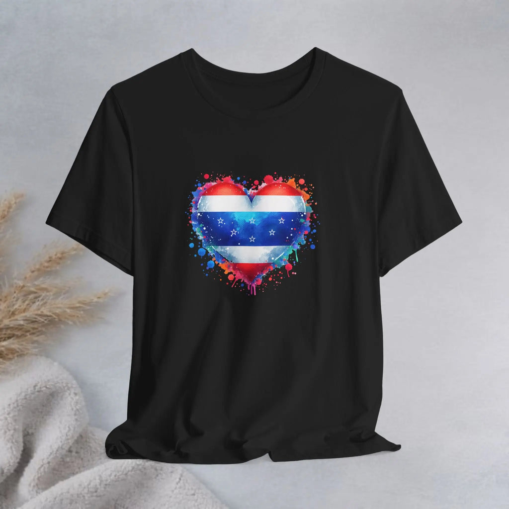 Splatter Heart and Stars T-Shirt – Watercolor Patriot Tee for National Holidays Printify