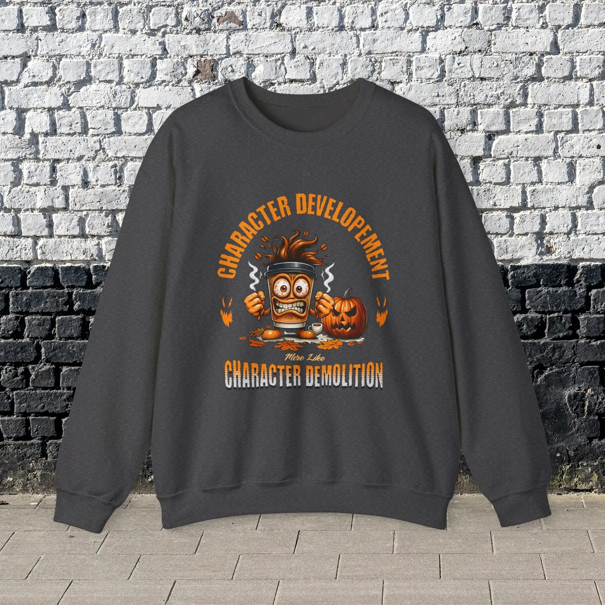Character Demolition Sweatshirt - Funny Coffee To Go Cup Fall Sweatshirt Printify