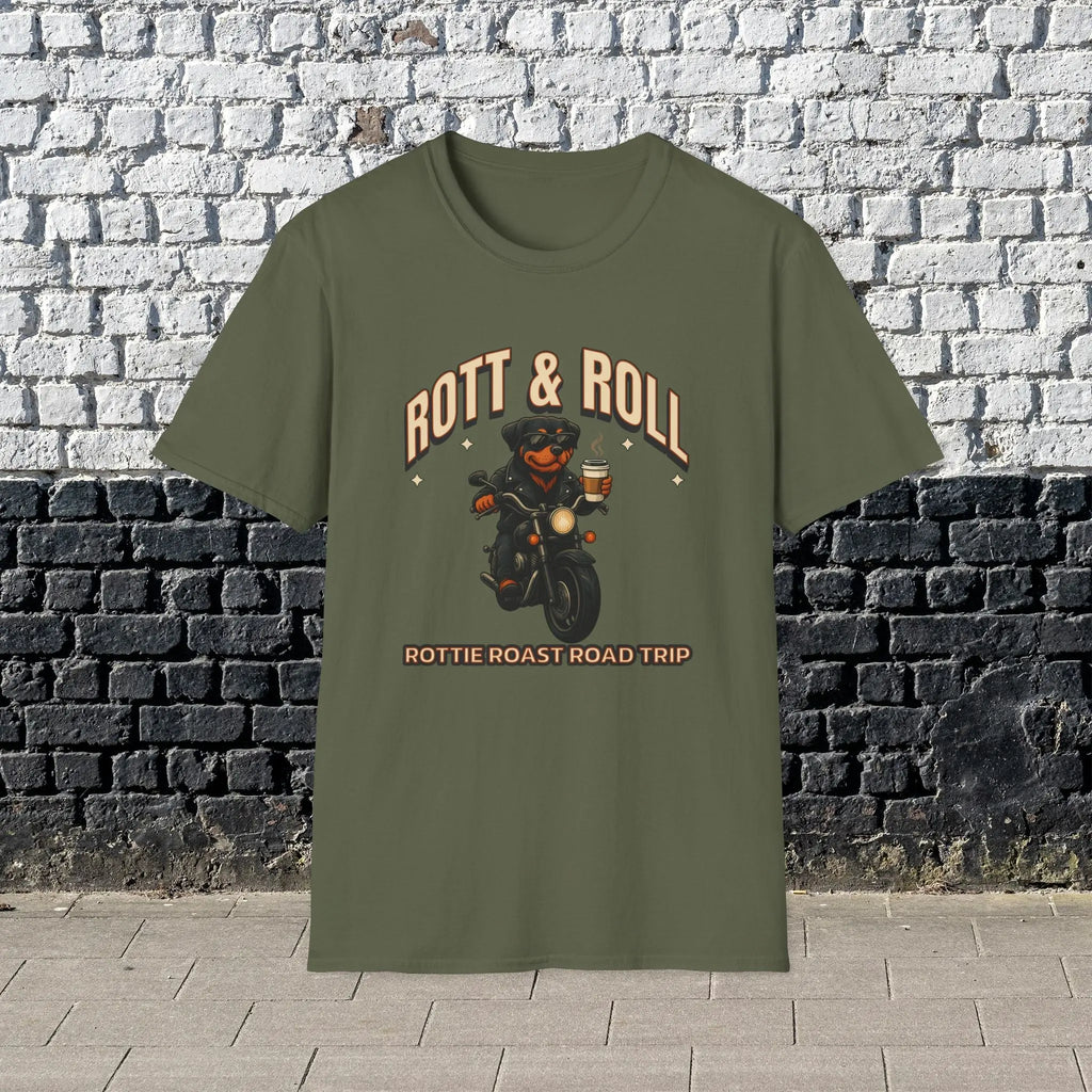 Rott & Roll T-Shirt — 'Rottie Roast Road Trip' Motorcycle Dog Graphic Tee Printify