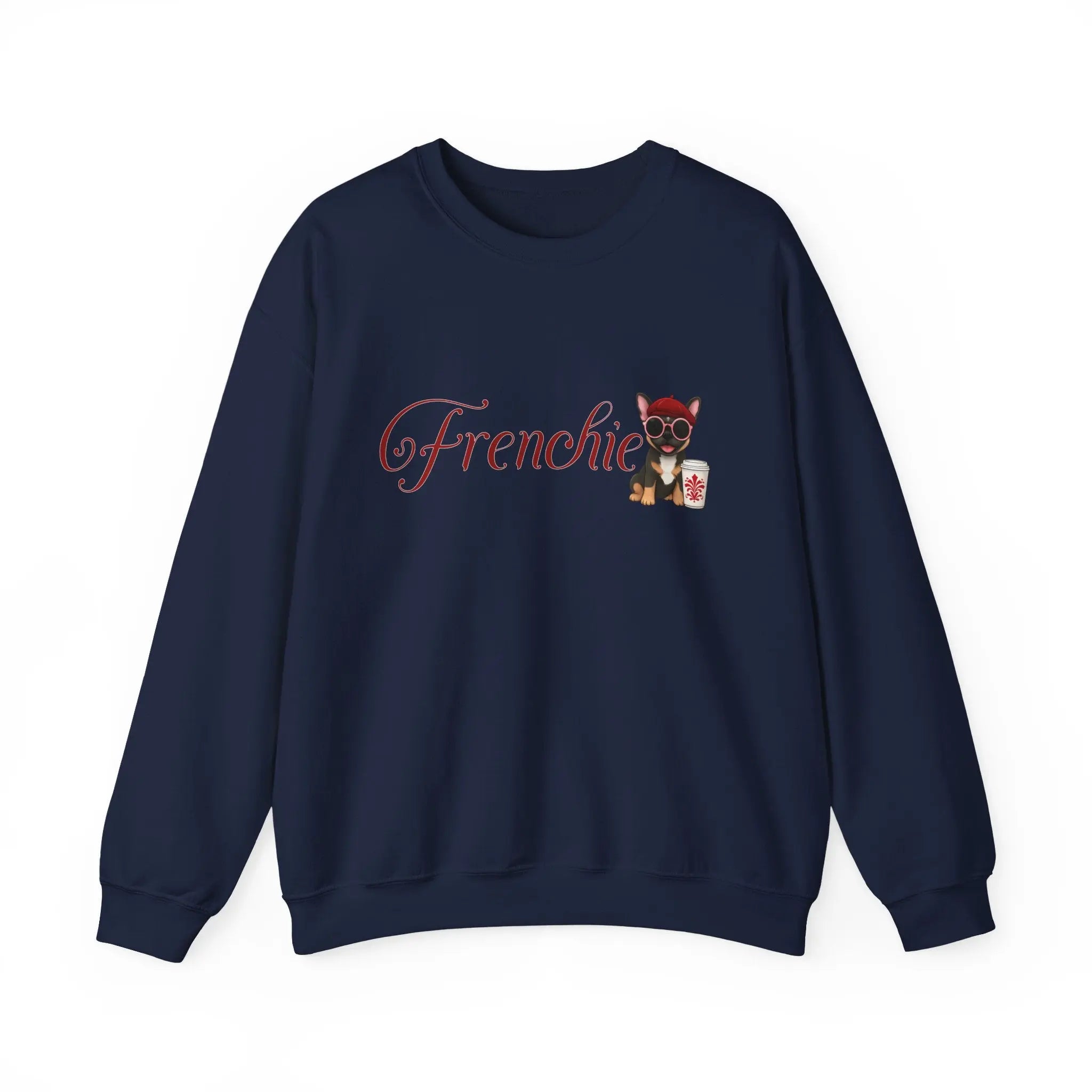 Frenchie Coffee Crewneck — Cute French Bulldog in Beret & Sunglasses Printify