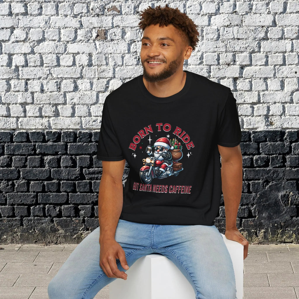Santa Riding Motorcycle T-Shirt — "Born to Ride but Santa Needs Caffeine" Holiday Tee Printify