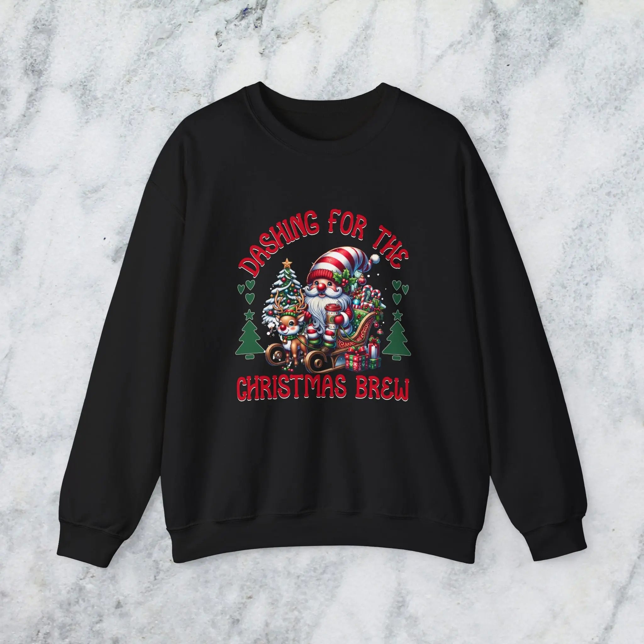 Dashing for the Brew Sweatshirt - Cute Christmas Santa in sleigh with toys and coffee Printify