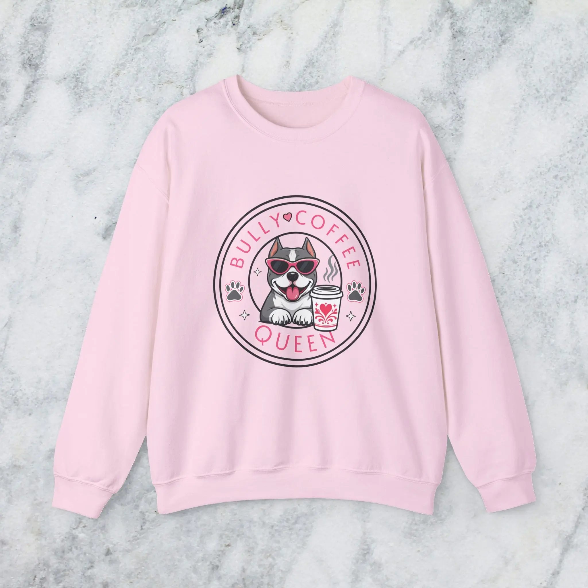 Bully Coffee Queen Sweatshirt — Pitbull with Pink Sunglasses & Coffee Graphic Printify