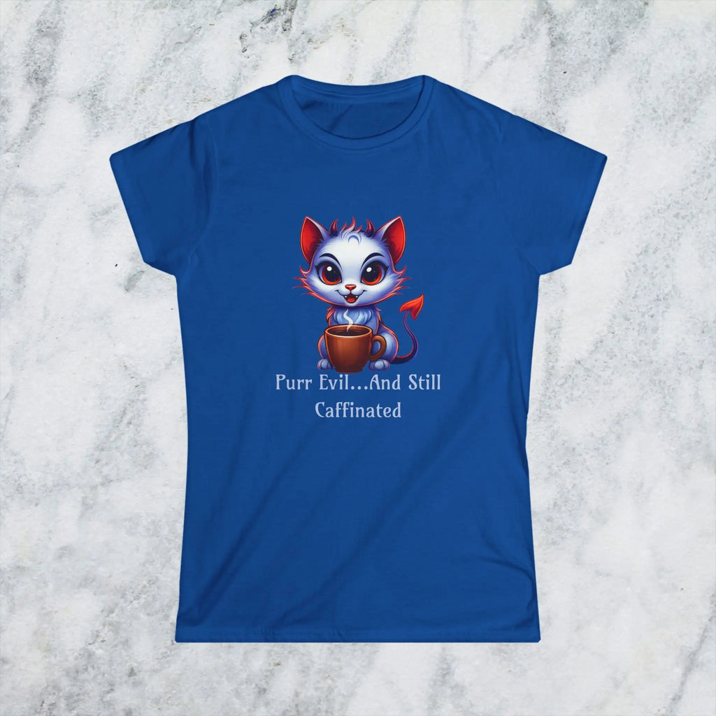 Purr Evil T-Shirt - “Purr Evil and Still Caffeinated” Printify