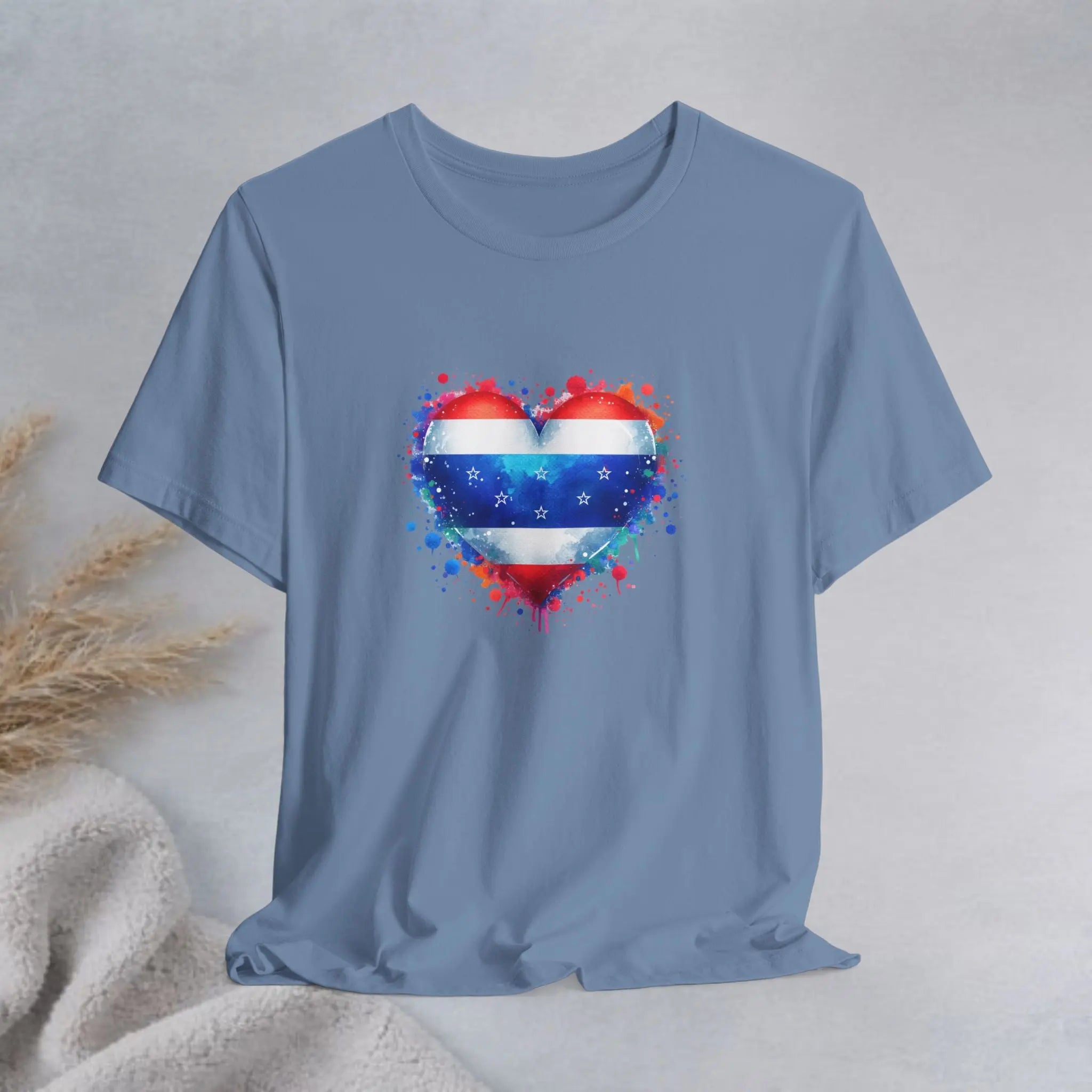 Splatter Heart and Stars T-Shirt – Watercolor Patriot Tee for National Holidays Printify