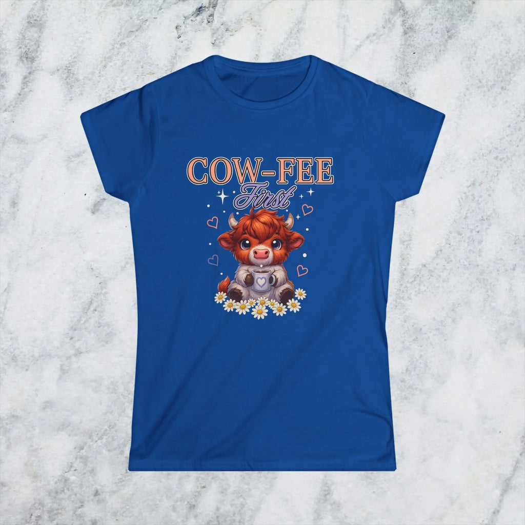 Cute Cow Coffee Tee — "Cow-fee First" Women's Softstyle T-Shirt Printify