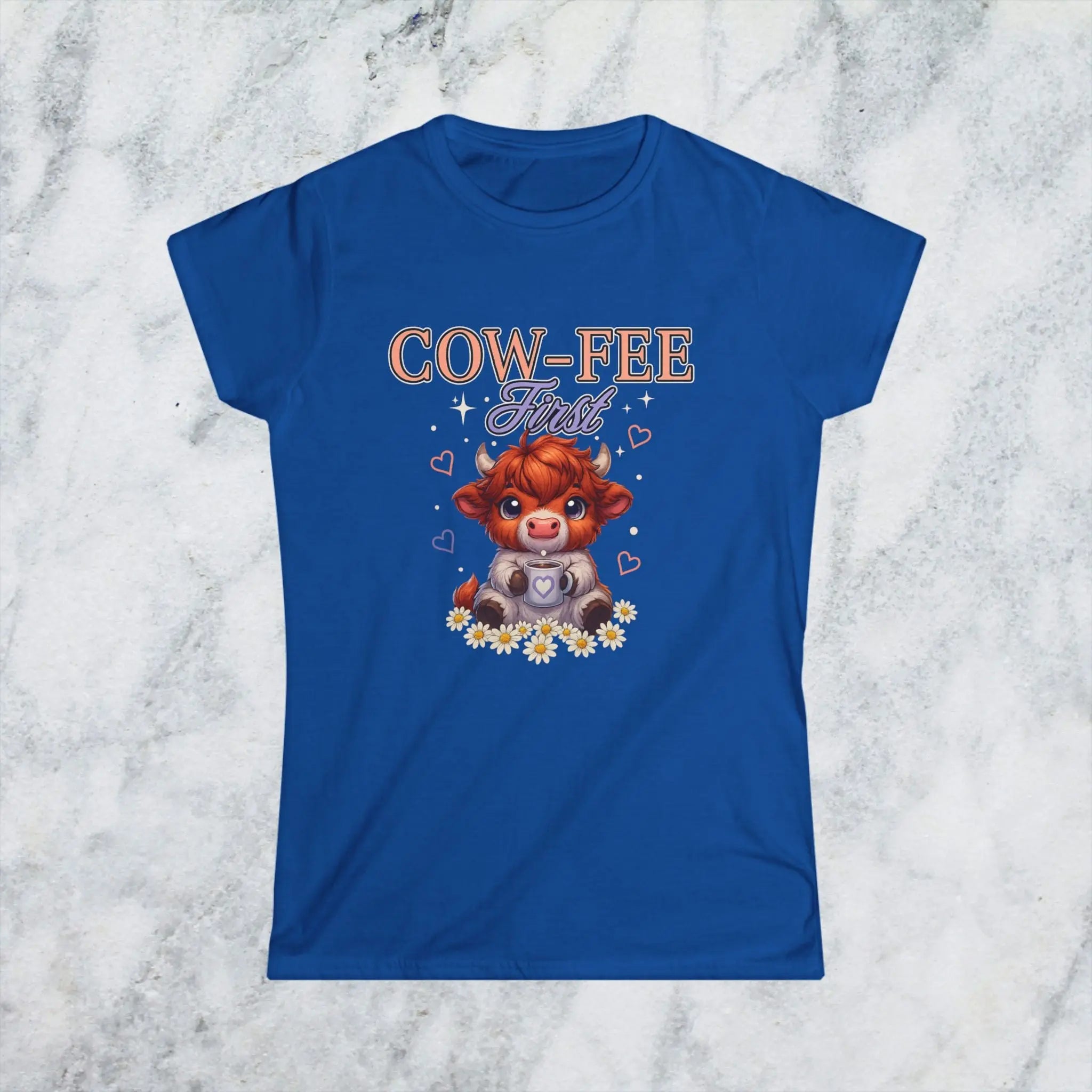 Cute Cow Coffee Tee — "Cow-fee First" Women's Softstyle T-Shirt Printify