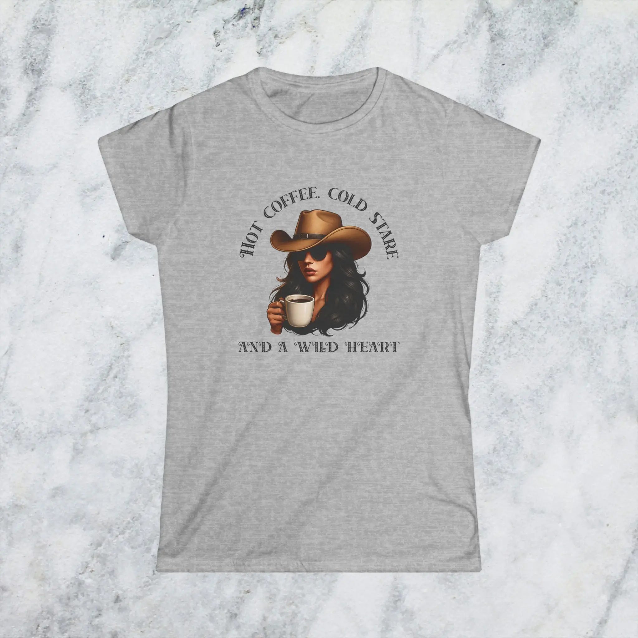 Hot Coffee Cold Stare and a Wild Heart Shirt – Western Cowgirl Coffee Lover Tee, Country Girl Graphic Shirt, Sassy Rodeo Gift Printify