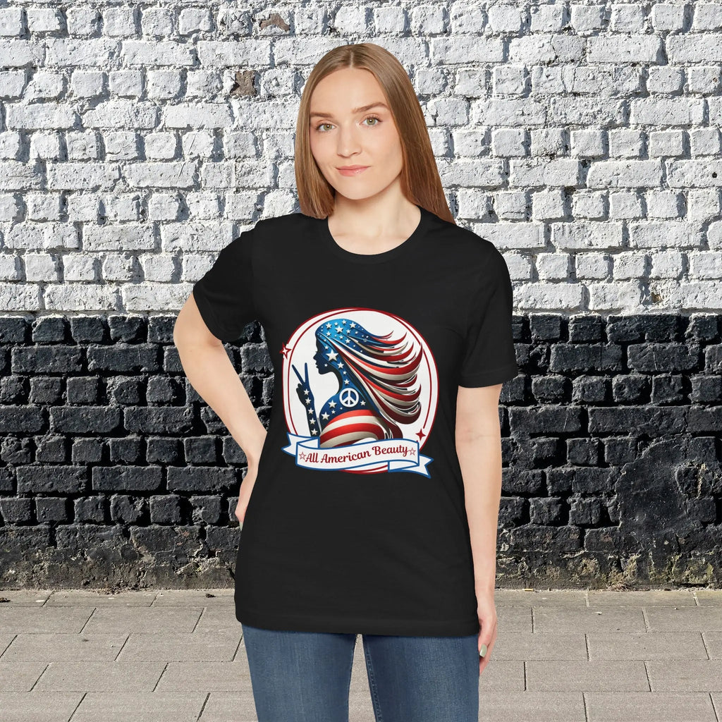 All American Beauty T-Shirt — Red White & Blue Peace Sign Silhouette Printify