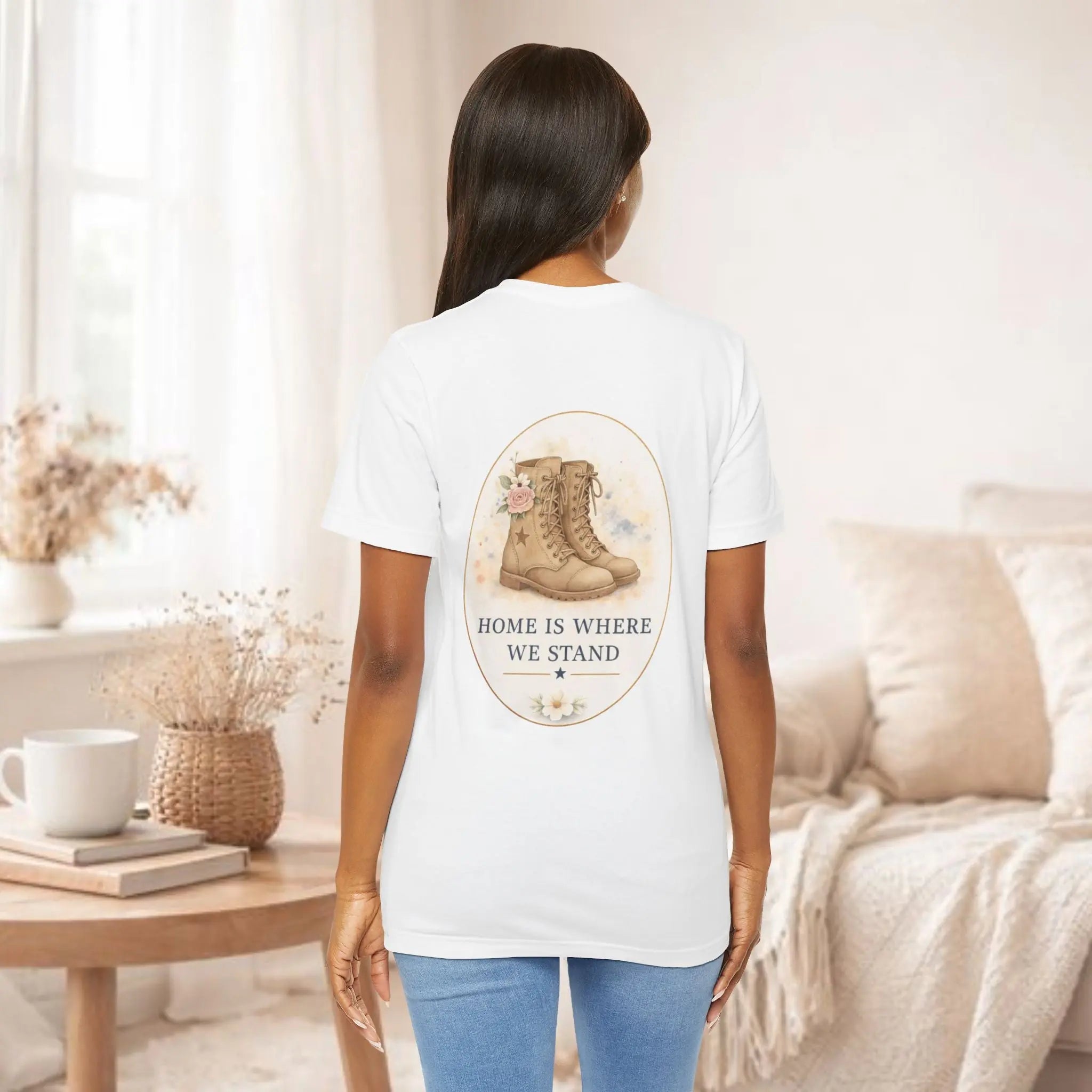 Home Is Where We Stand Tee — Hiking Boots Floral Graphic Shirt Printify