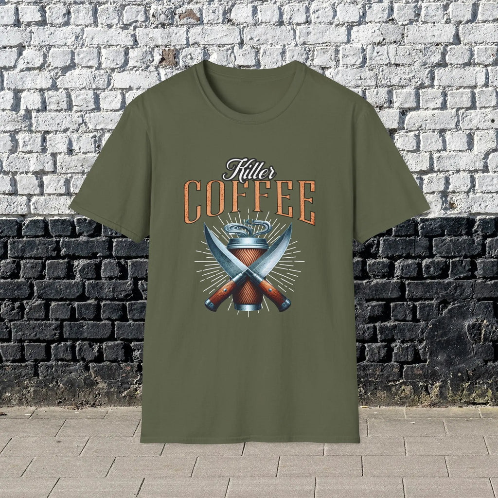 Killer Coffee T-Shirt — Crossed Knives & To-Go Cup Graphic Printify