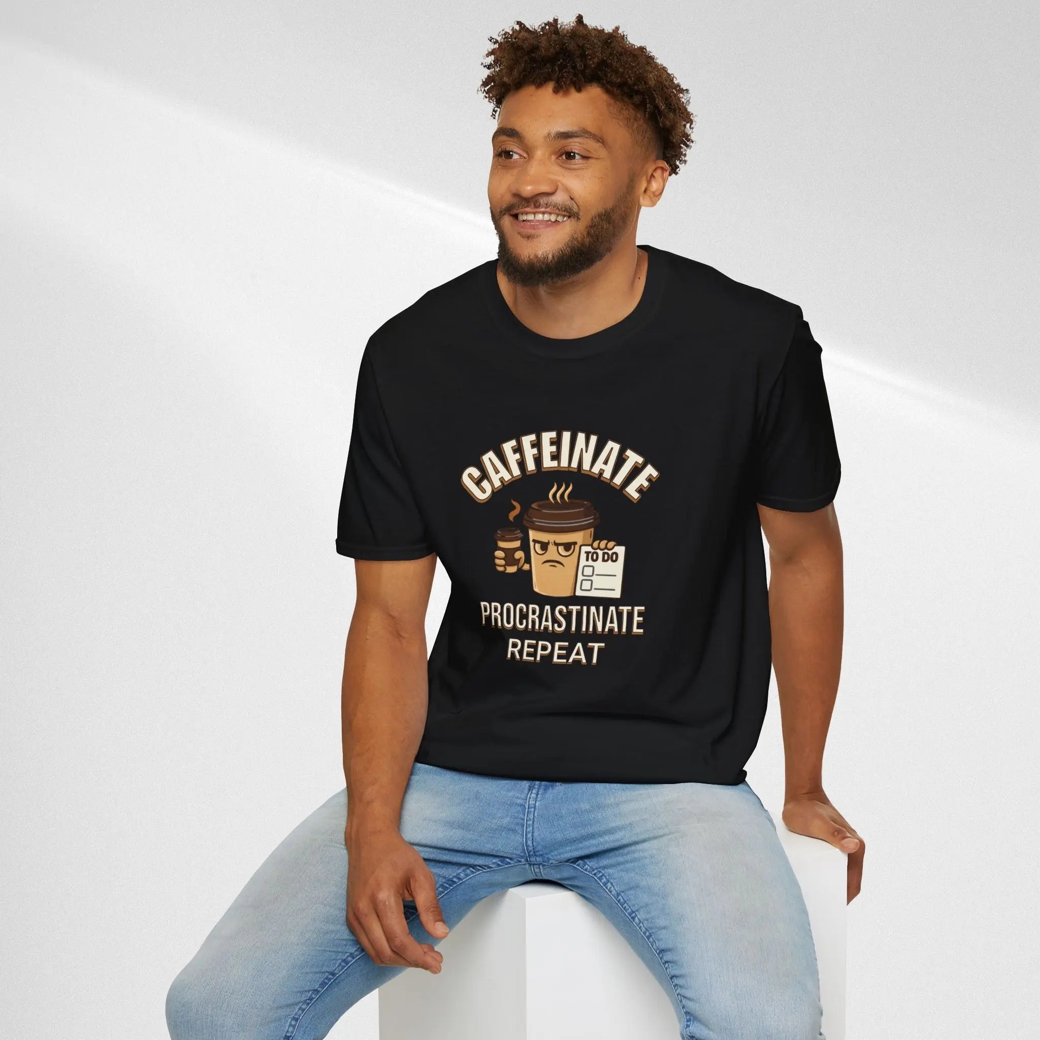Caffeinate Procrastinate Repeat T-Shirt — Funny Coffee Lover Tee Printify
