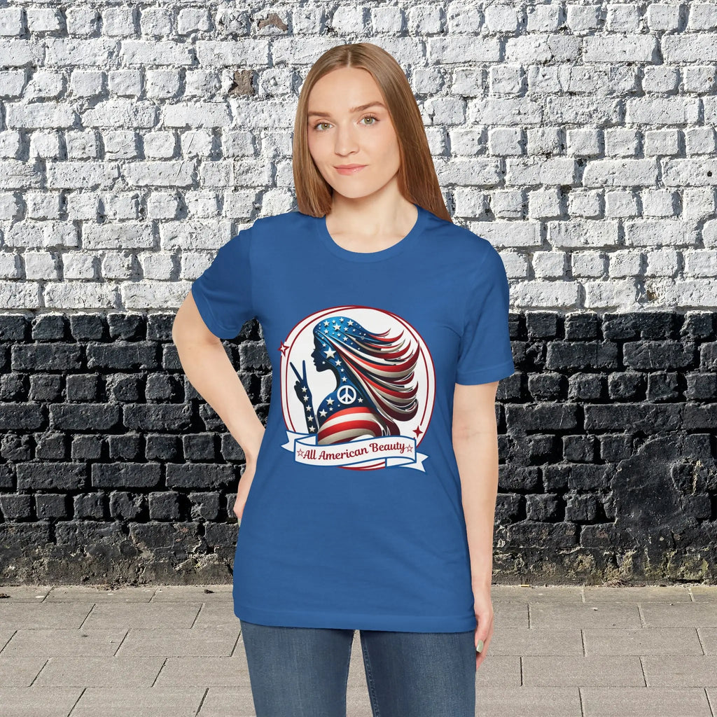 All American Beauty T-Shirt — Red White & Blue Peace Sign Silhouette Printify