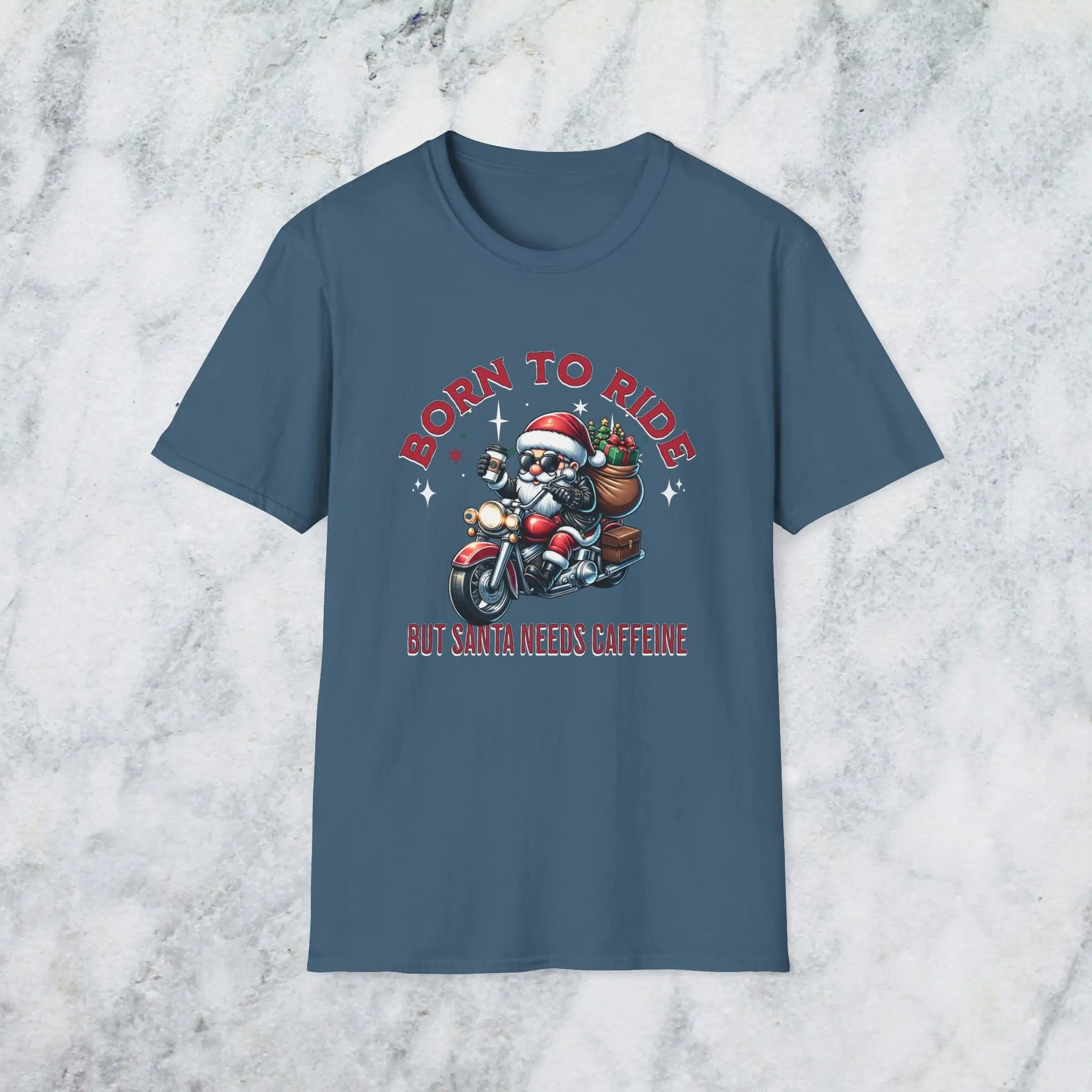 Santa Riding Motorcycle T-Shirt — "Born to Ride but Santa Needs Caffeine" Holiday Tee Printify