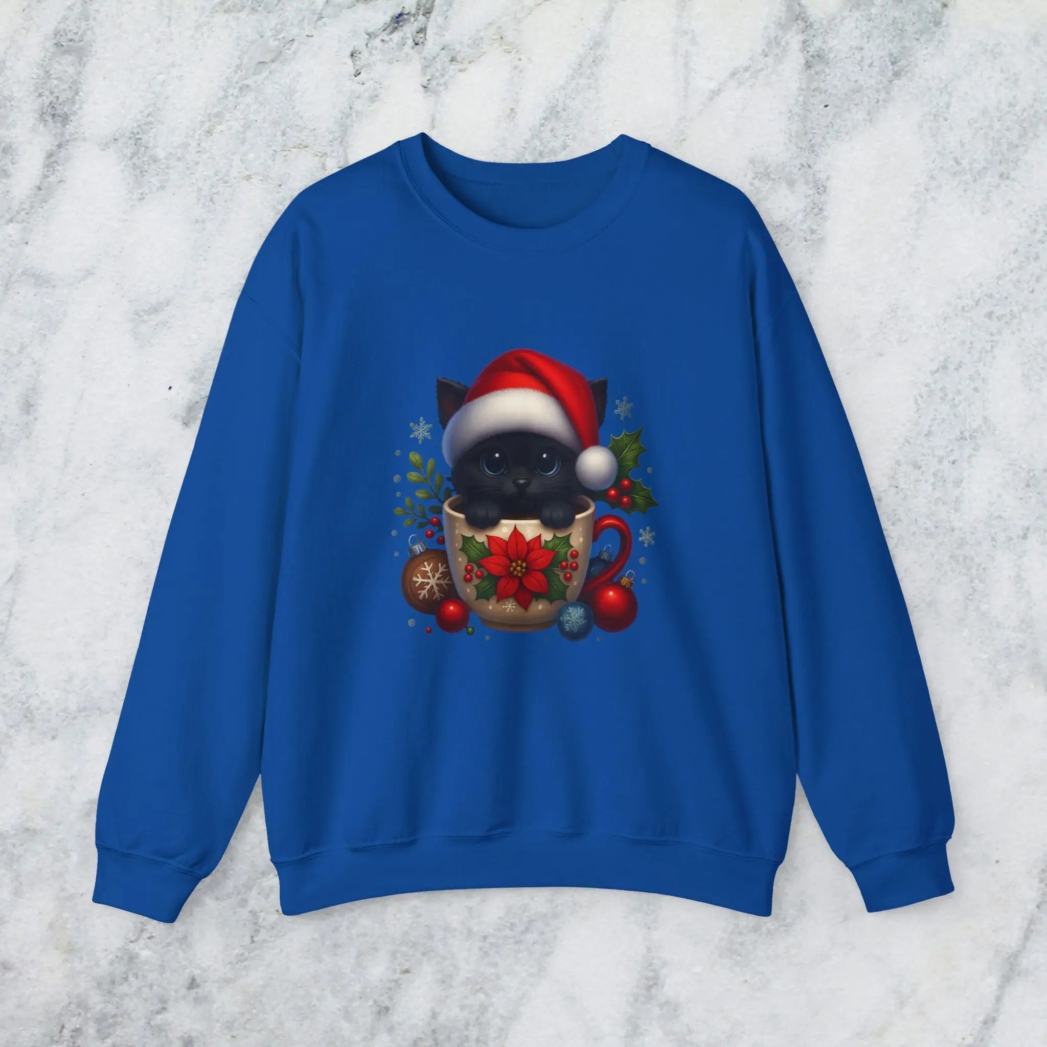 Christmas Kitten Coffee Cup Sweatshirt — Cute Black Cat in Santa Hat Holiday Crewneck Printify