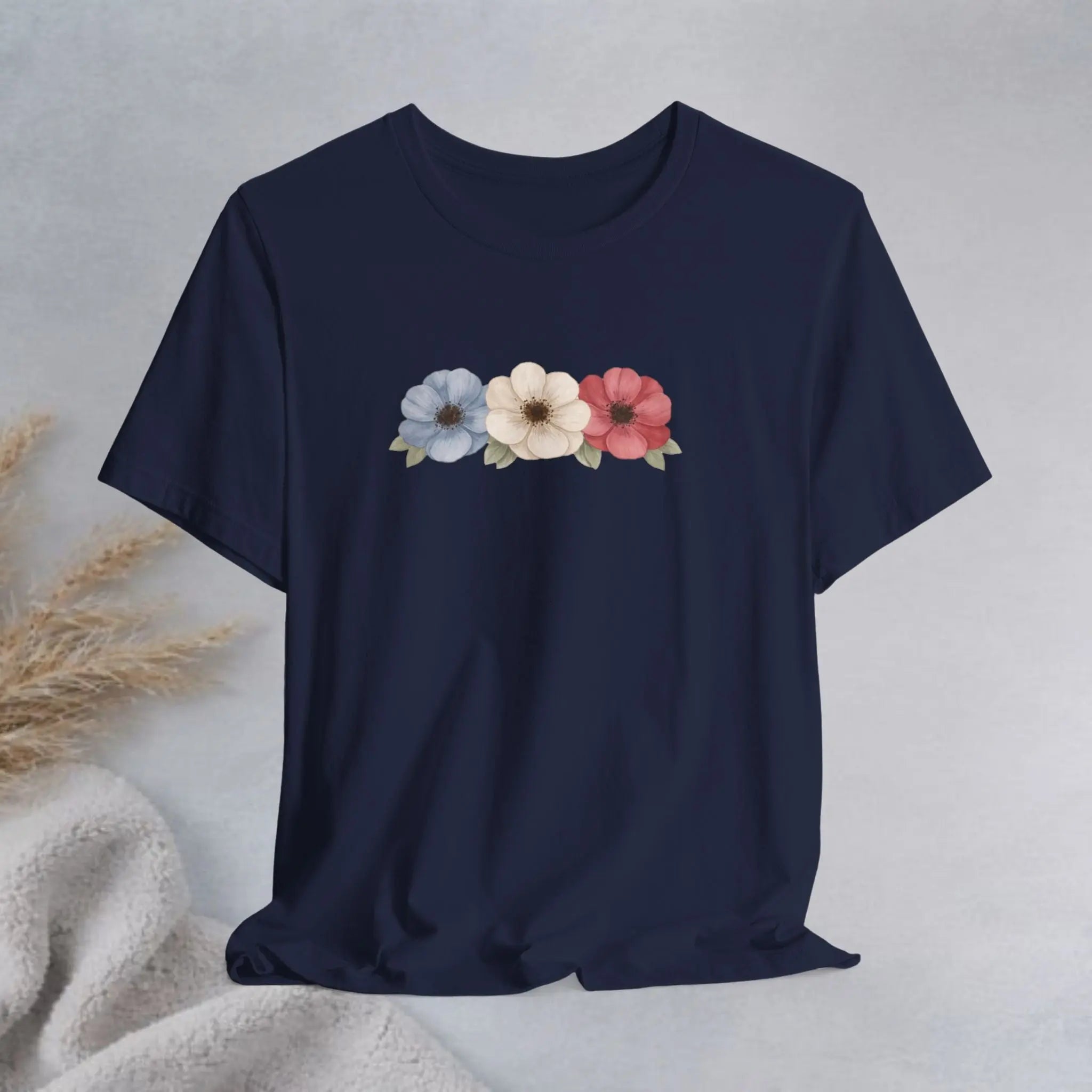 Floral Trio Tee — Vintage Red, Cream & Blue Poppy Graphic T-Shirt Printify