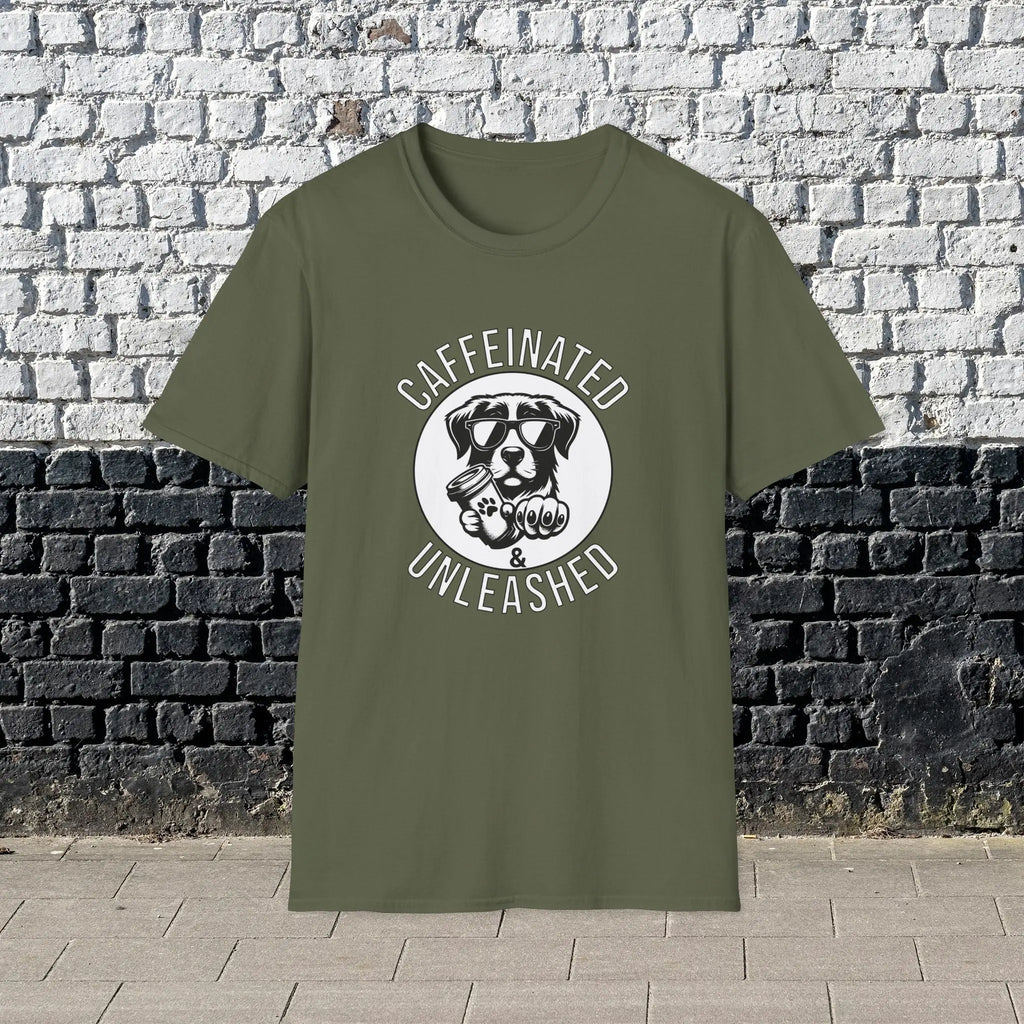 Caffeinated & Unleashed T-Shirt — Funny Coffee Lover Puppy Tee Printify