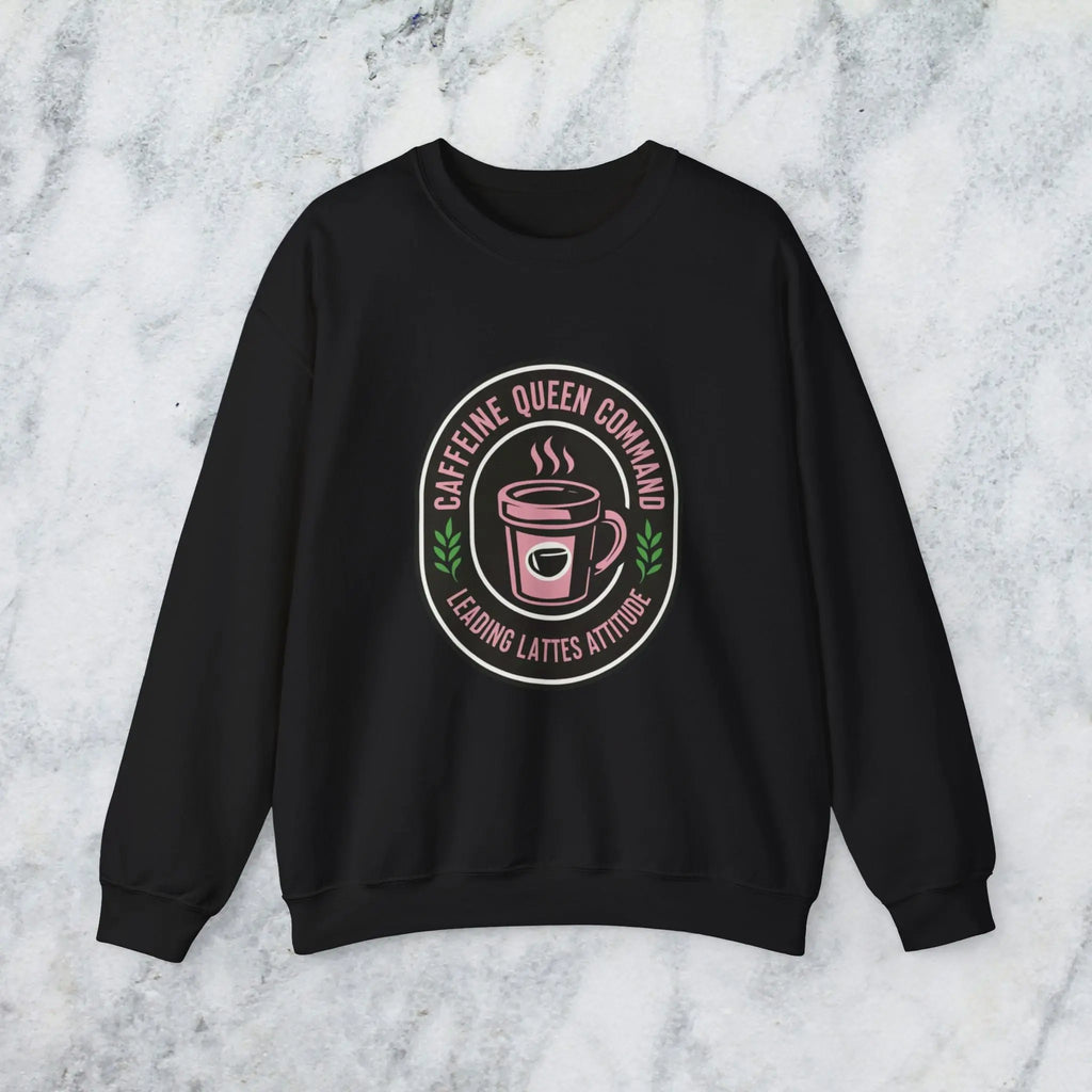 Coffee Crewneck Sweatshirt — "Caffeine Queen Command" Latte Lovers Pullover Printify