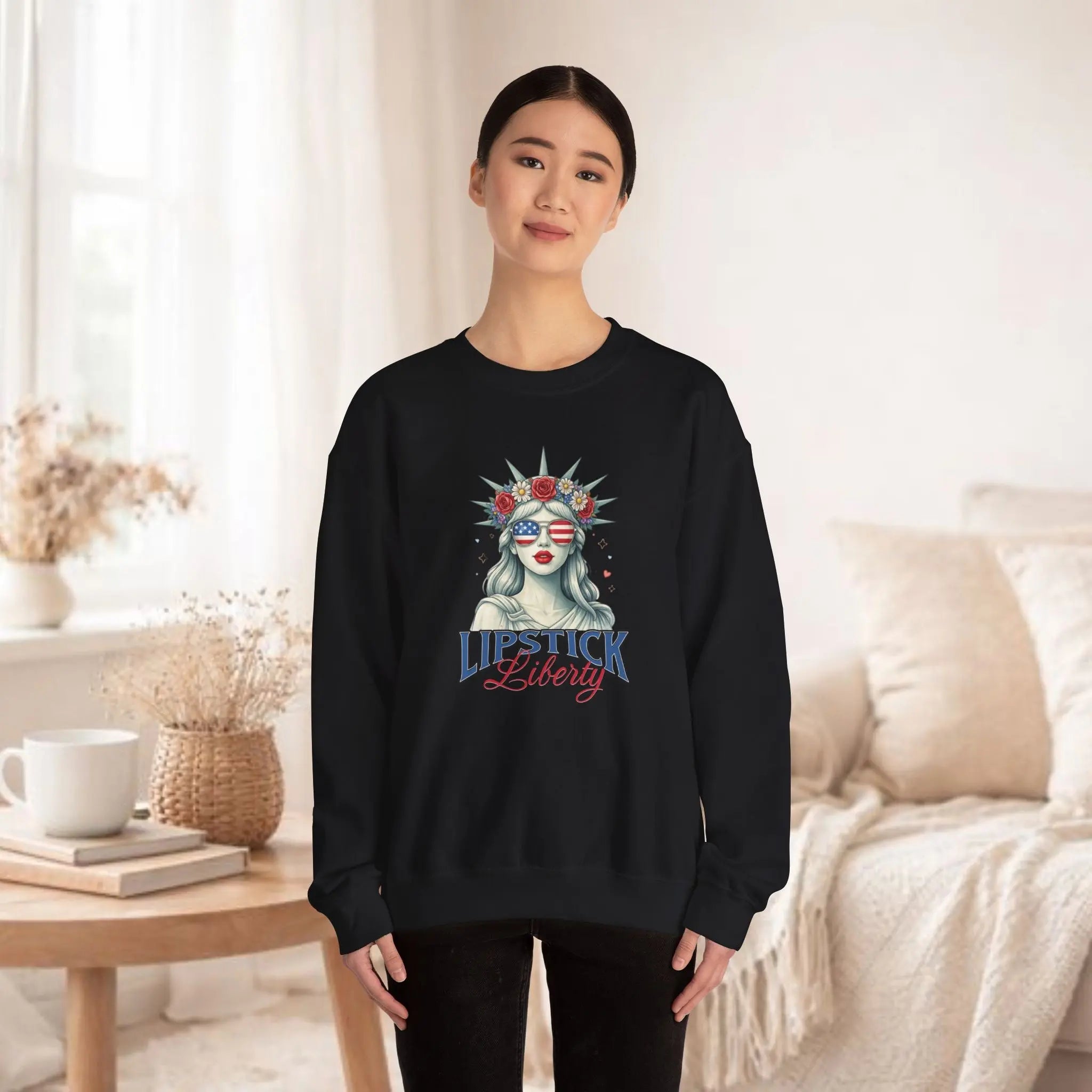 Liberty Lipstick Sweatshirt — Patriotic Statue of Liberty Graphic Crewneck Printify