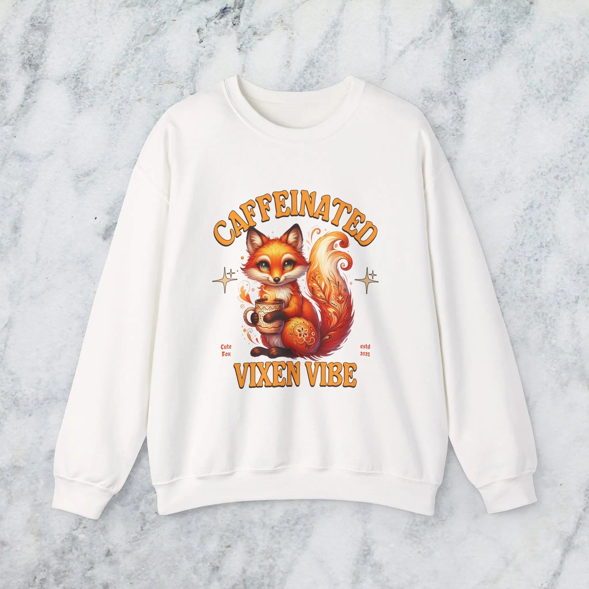 Caffeinated Vixen Vibe Sweatshirt, Cozy Unisex Crewneck for Coffee Lovers, Gift for Birthdays, Fall Fashion, Cute Animal Sweater Printify