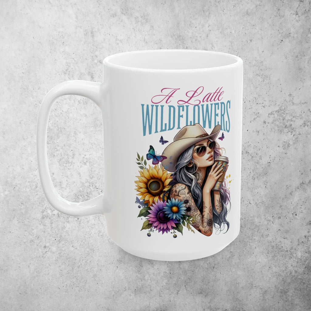 A Latte Wildflowers Mug — Sunflowers & Butterflies (15oz) Printify