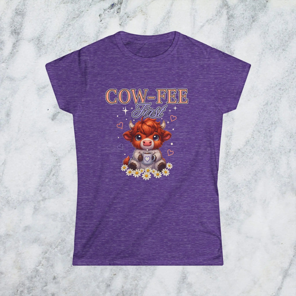 Cute Cow Coffee Tee — "Cow-fee First" Women's Softstyle T-Shirt Printify