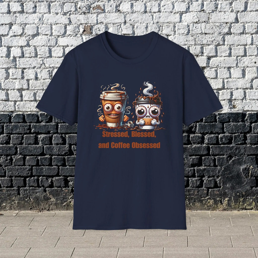 Stressed Blessed and Coffee Obsessed Shirt – Funny Coffee Lover T-Shirt, Caffeine Addict Tee, Cute Coffee Gift for Him Printify