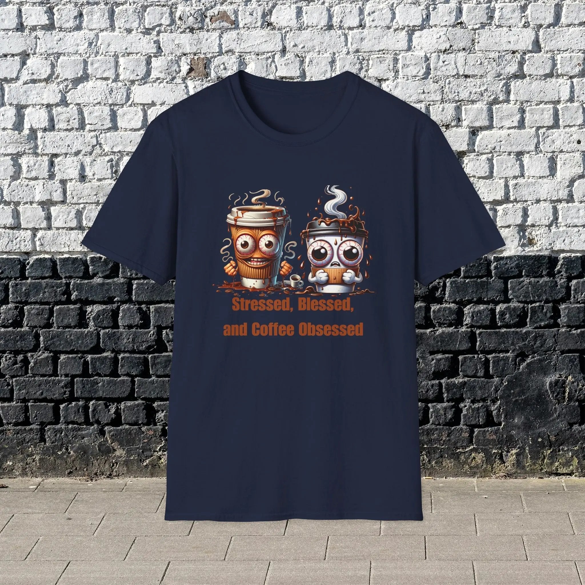 Stressed Blessed and Coffee Obsessed Shirt – Funny Coffee Lover T-Shirt, Caffeine Addict Tee, Cute Coffee Gift for Him Printify