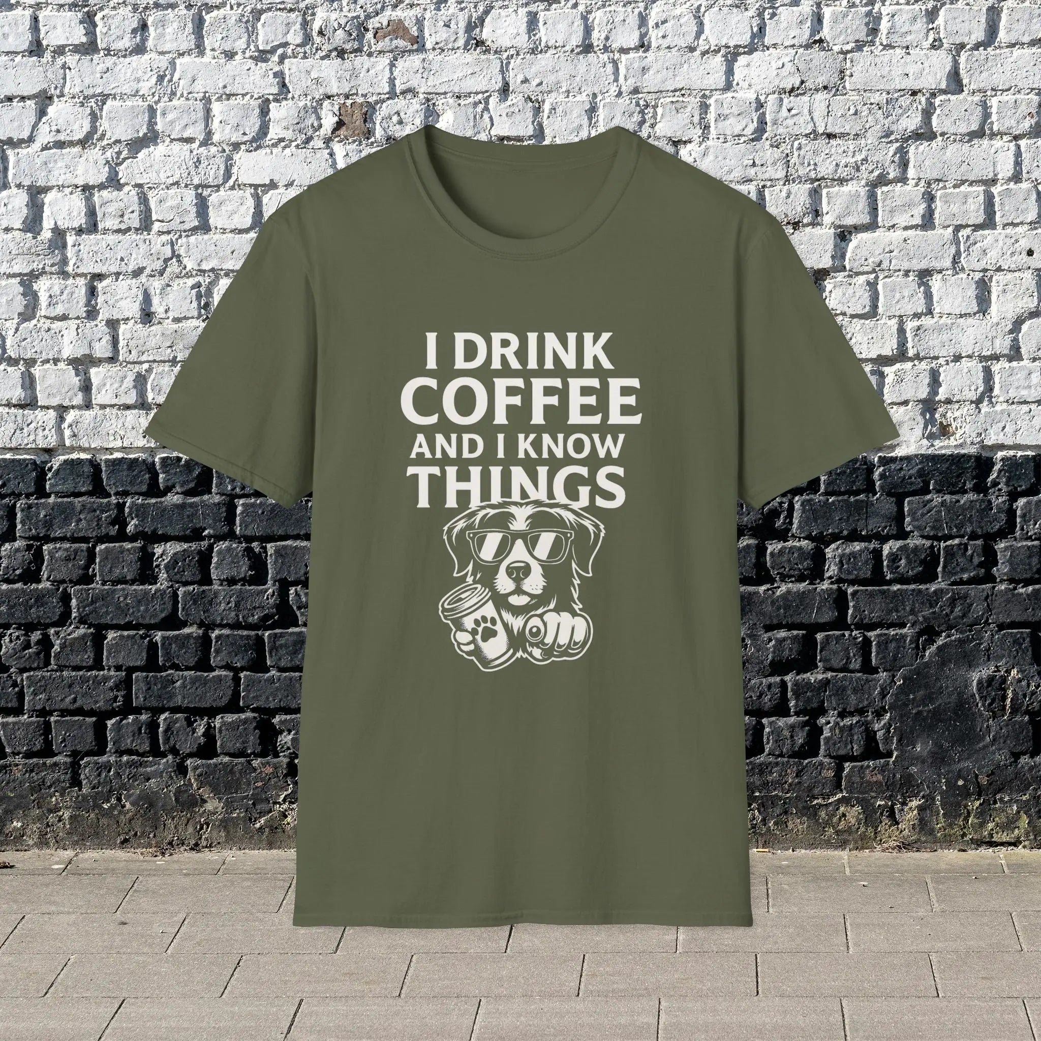 Coffee-Loving Dog T-Shirt — "I Drink Coffee and I Know Things" Printify
