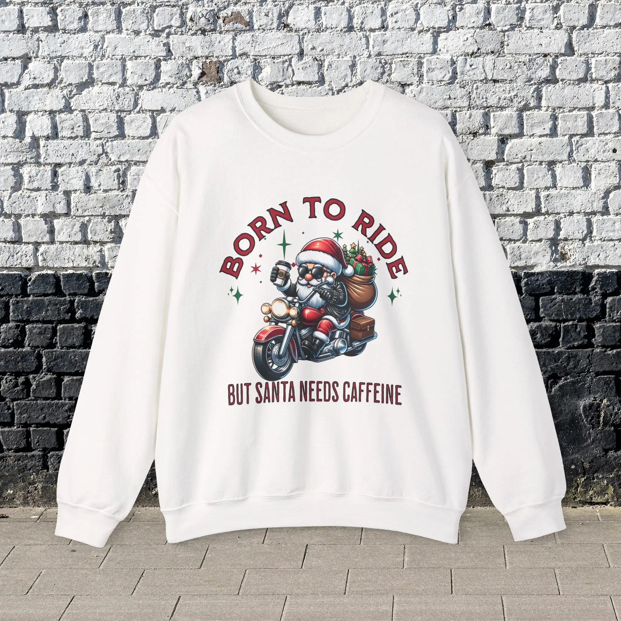 Born to Ride Sweatshirt - Santa on motorcycle holding coffee Christmas Shirt - Boldly Bitter Company