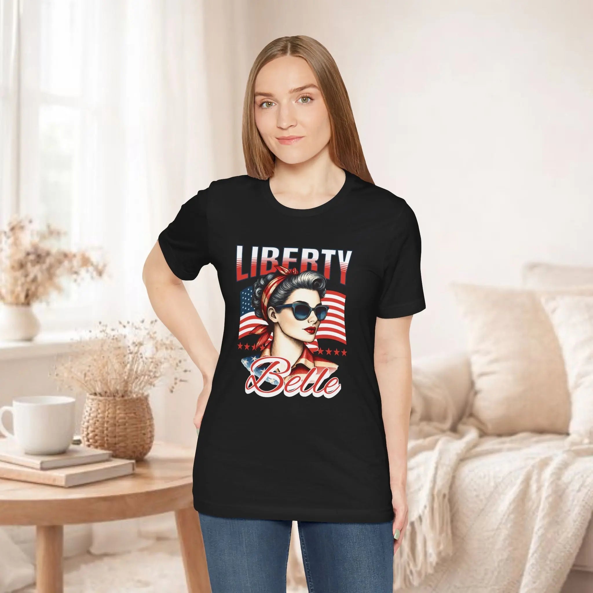 Liberty Belle Retro Patriotic Tee — Vintage American Flag Woman Design Printify