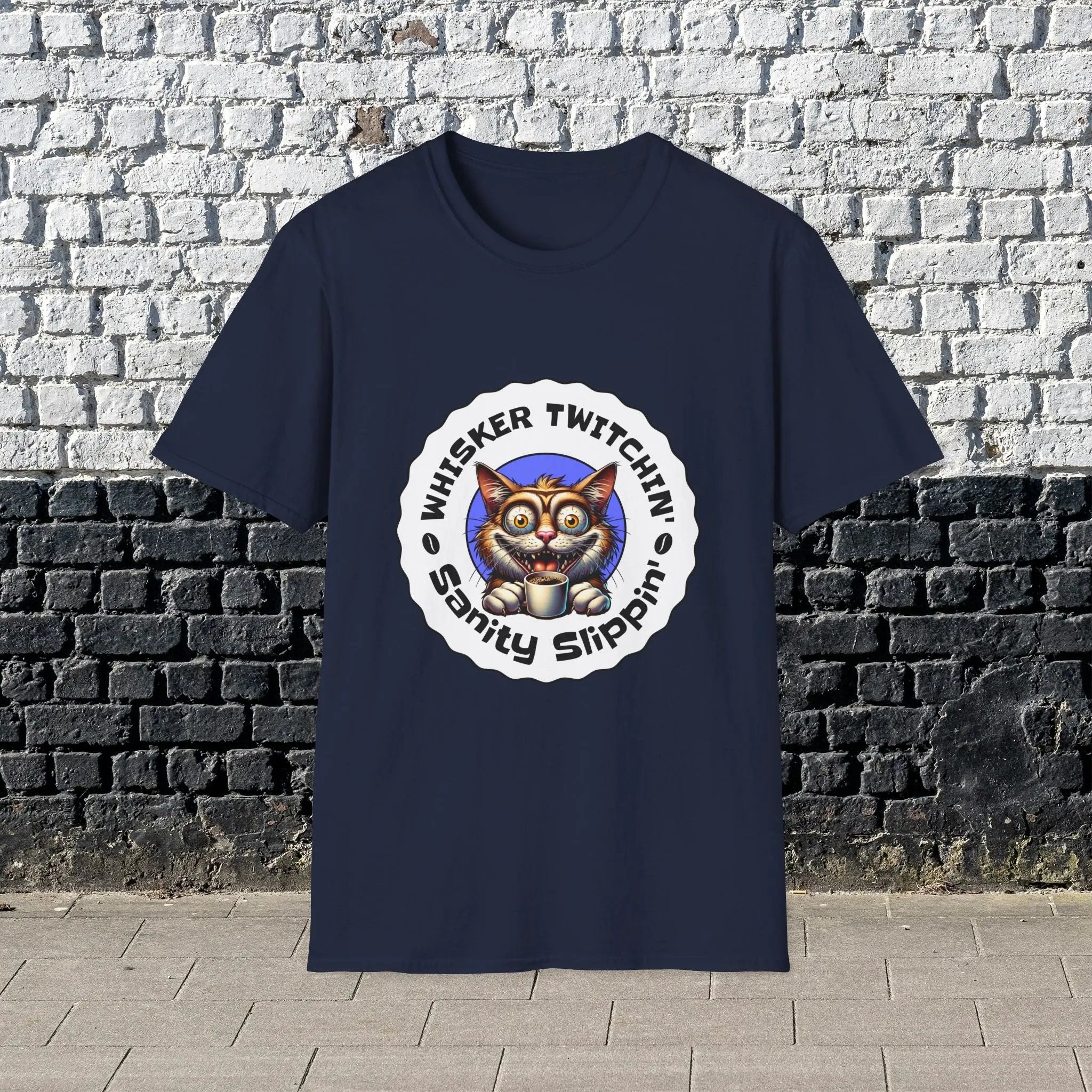 Whisker Twitchin’ Sanity Slippin’ T-Shirt – Funny Crazy Cat Coffee Lover Tee for Men and Women, Caffeine Addict Humor Gift Shirt Printify
