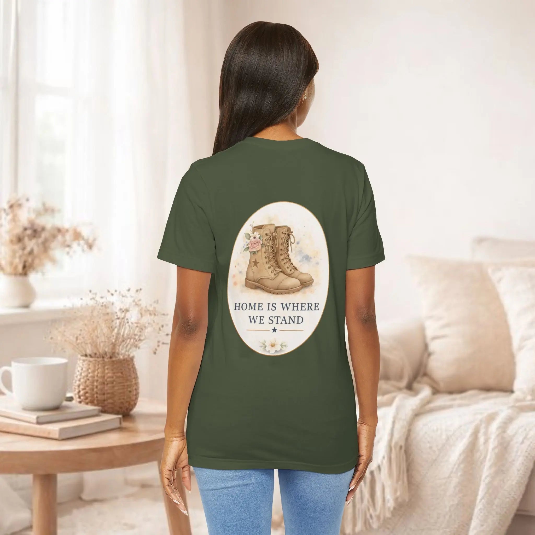 Home Is Where We Stand Tee — Hiking Boots Floral Graphic Shirt Printify